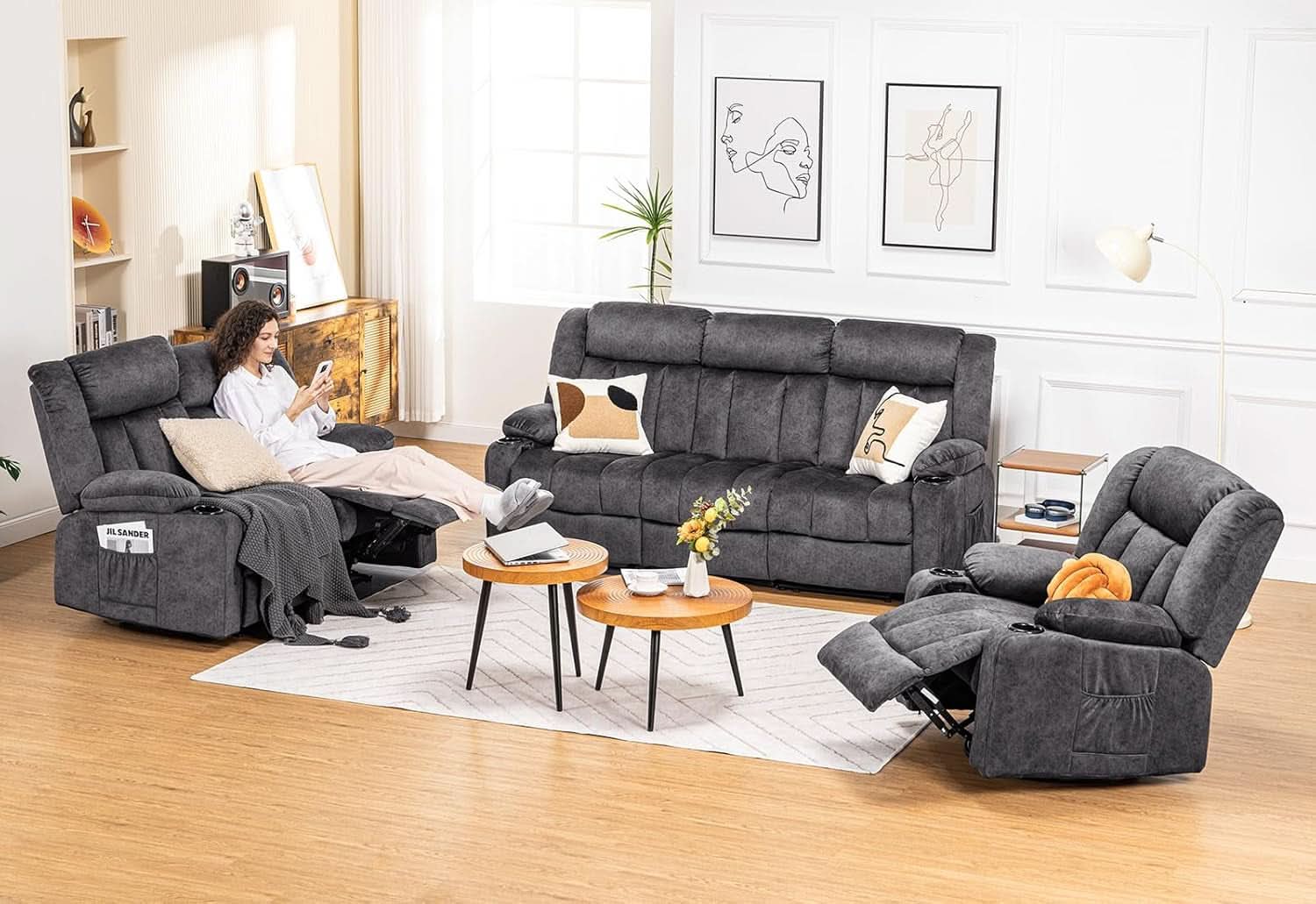 Fabric Manual Recliner Set With Cup Holders And Pockets