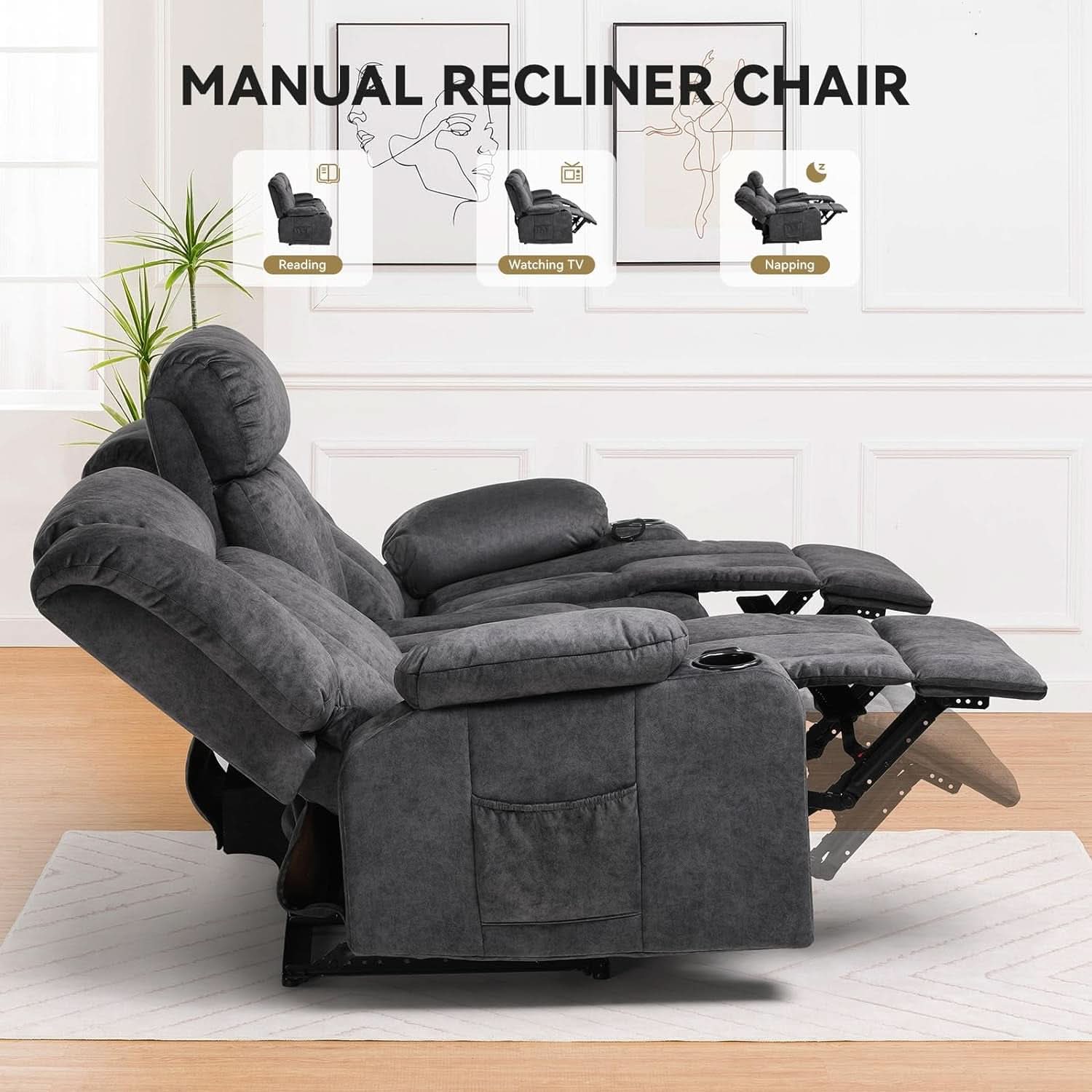 Fabric Manual Recliner Set With Cup Holders And Pockets
