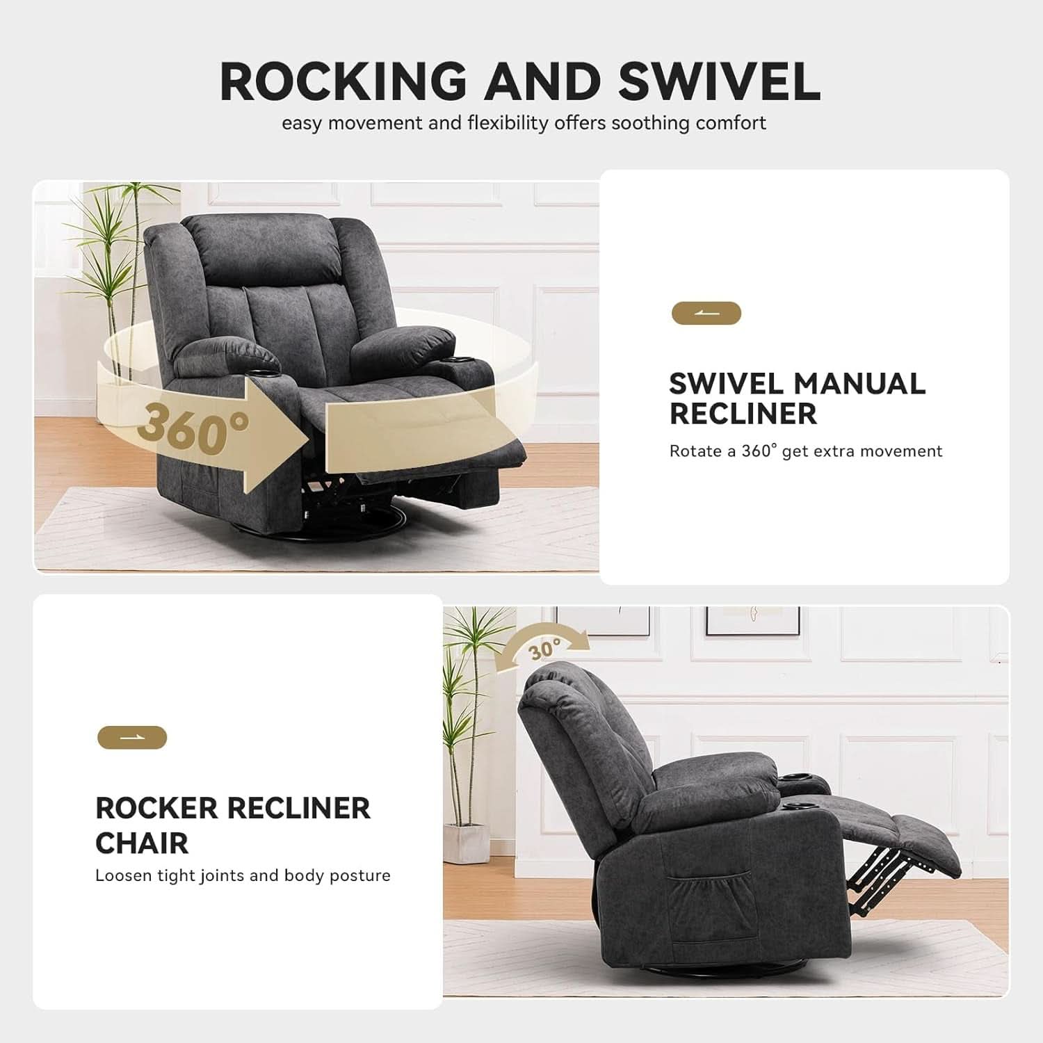 Fabric Manual Recliner Set With Cup Holders And Pockets