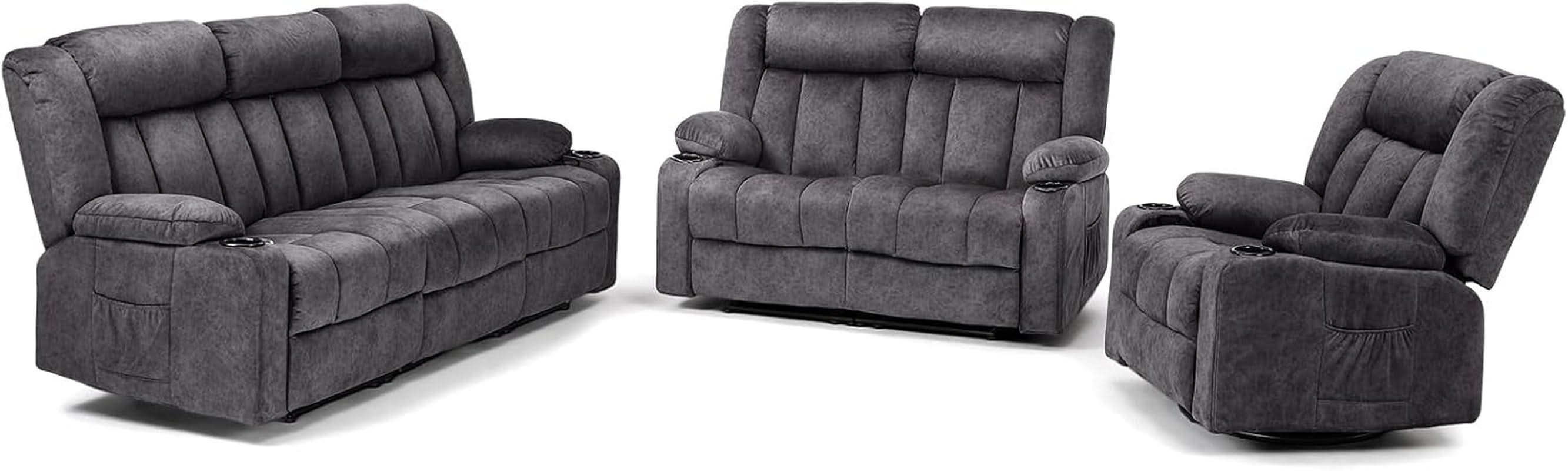 Fabric Manual Recliner Set With Cup Holders And Pockets