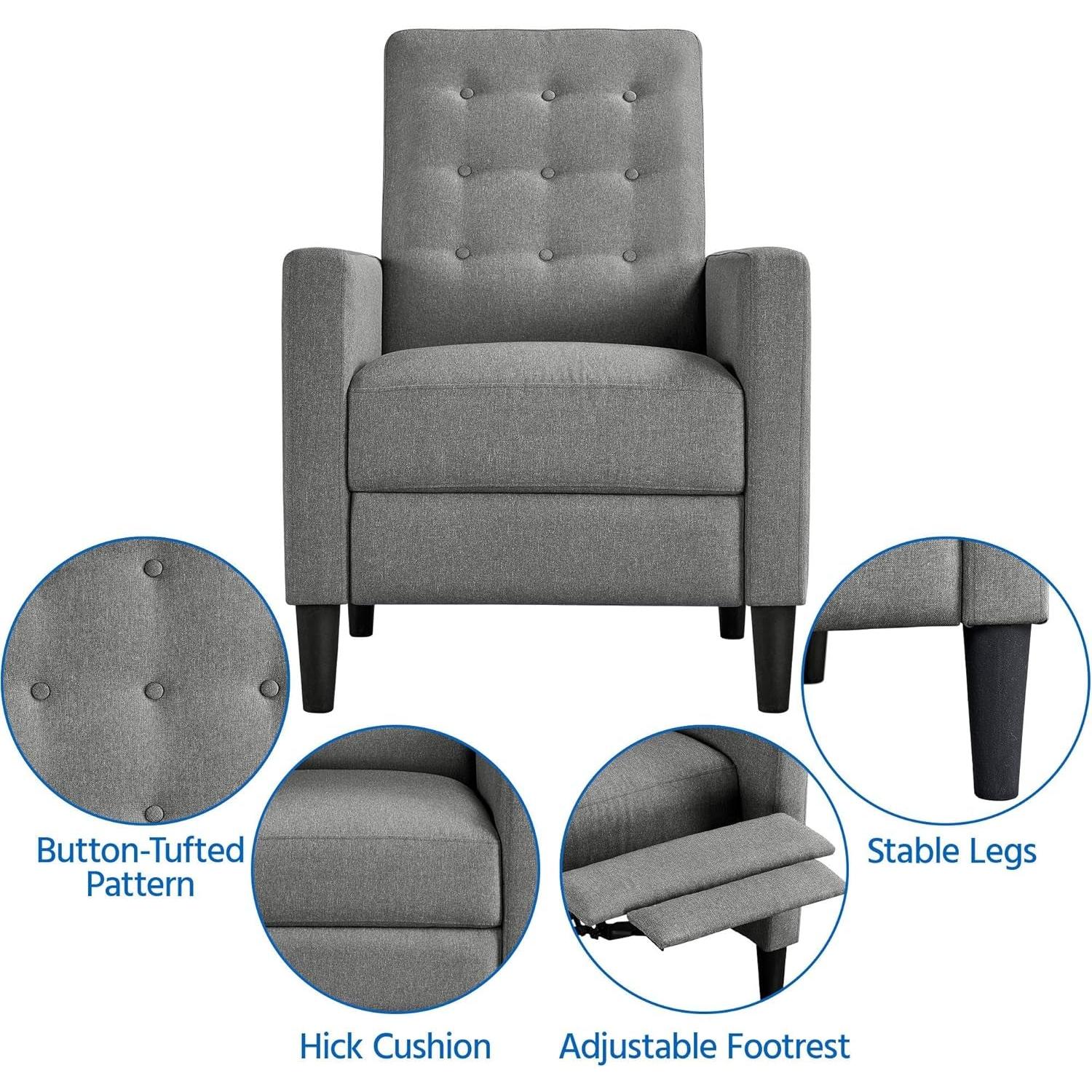 Fabric Recliner Chair With Thick Cushion Adjustable Back