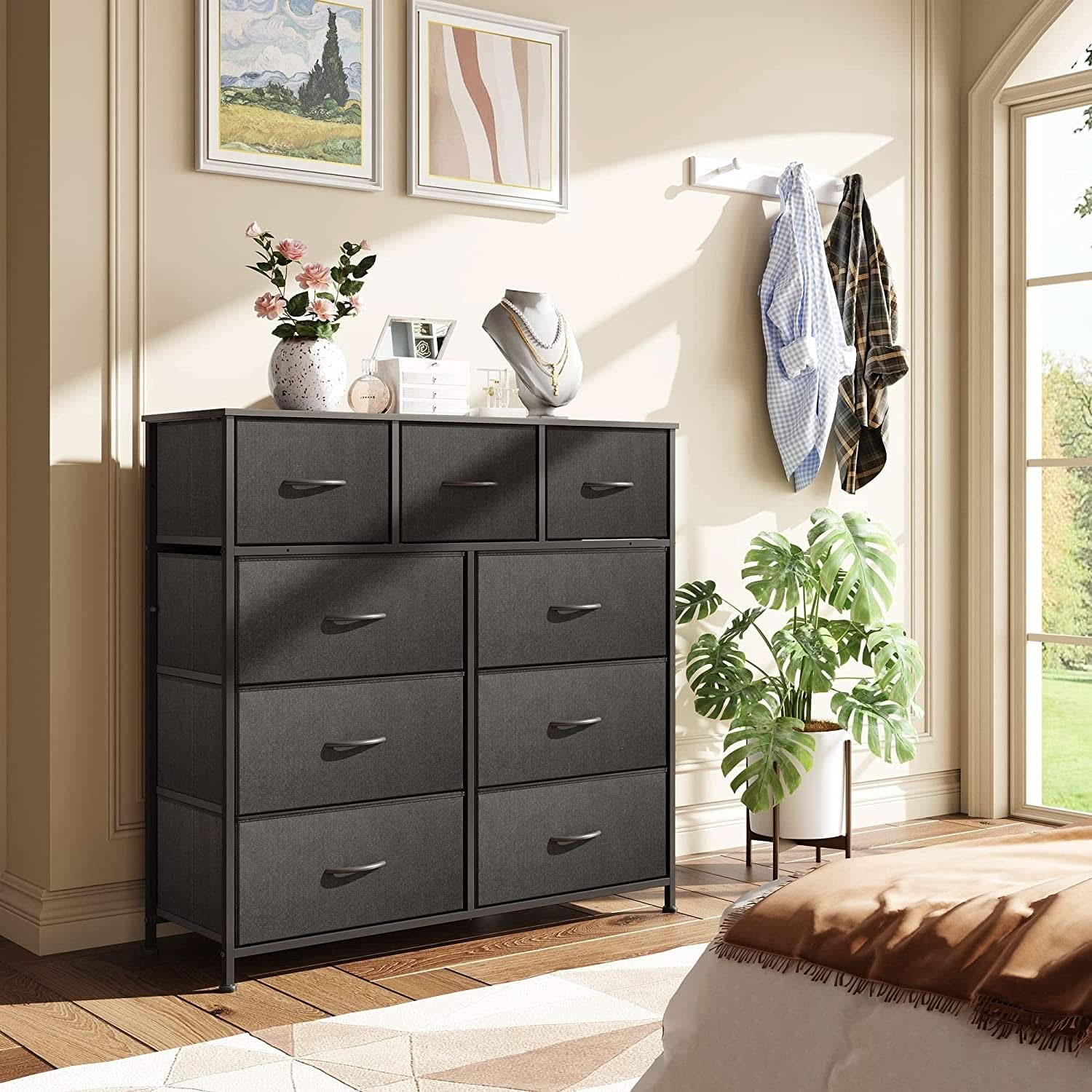 Fabric Storage Tower 9 Drawer Unit Charcoal Black Bedroom