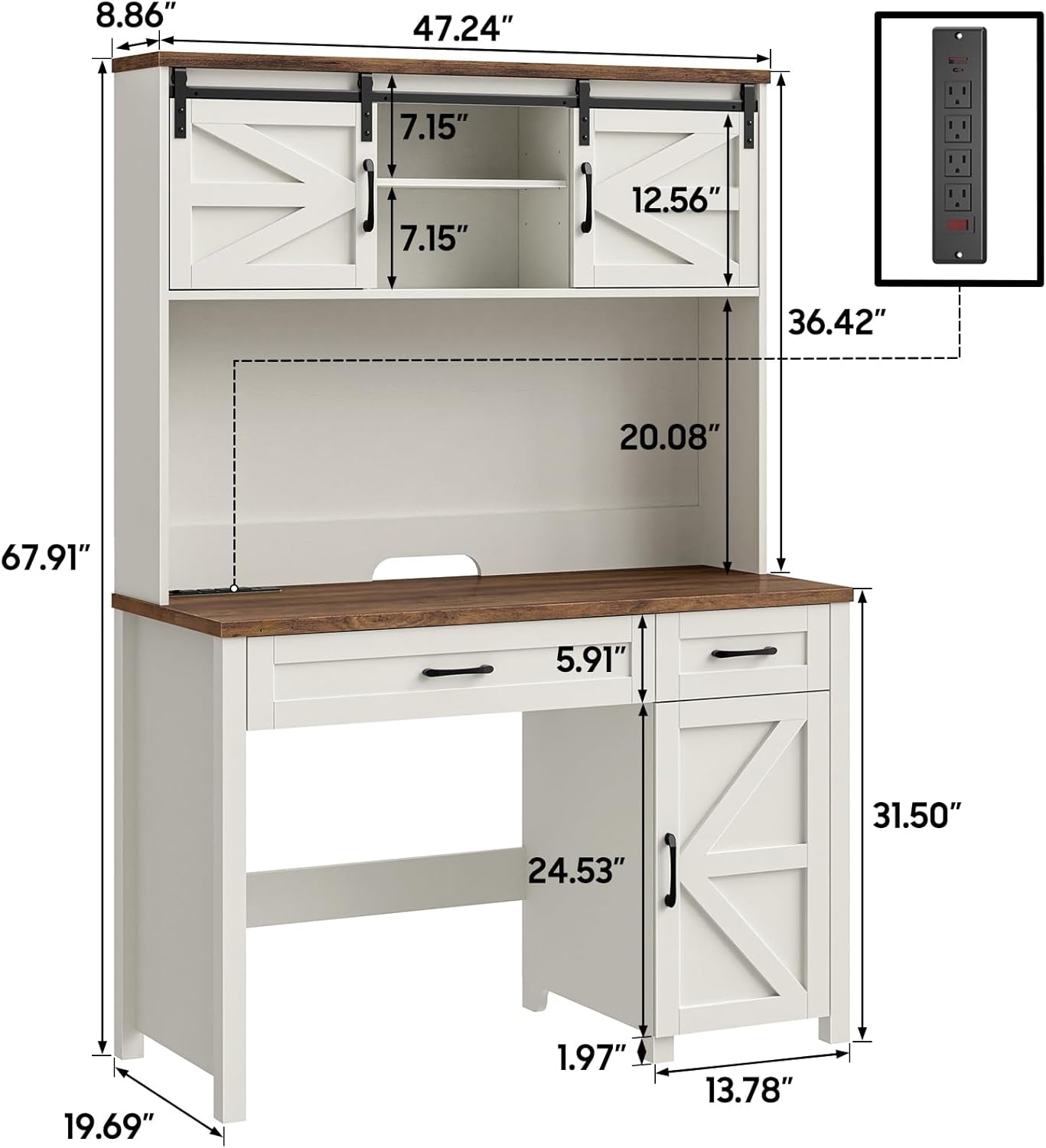 Farmhouse 47 Inch Executive Desk With Hutch And Storage