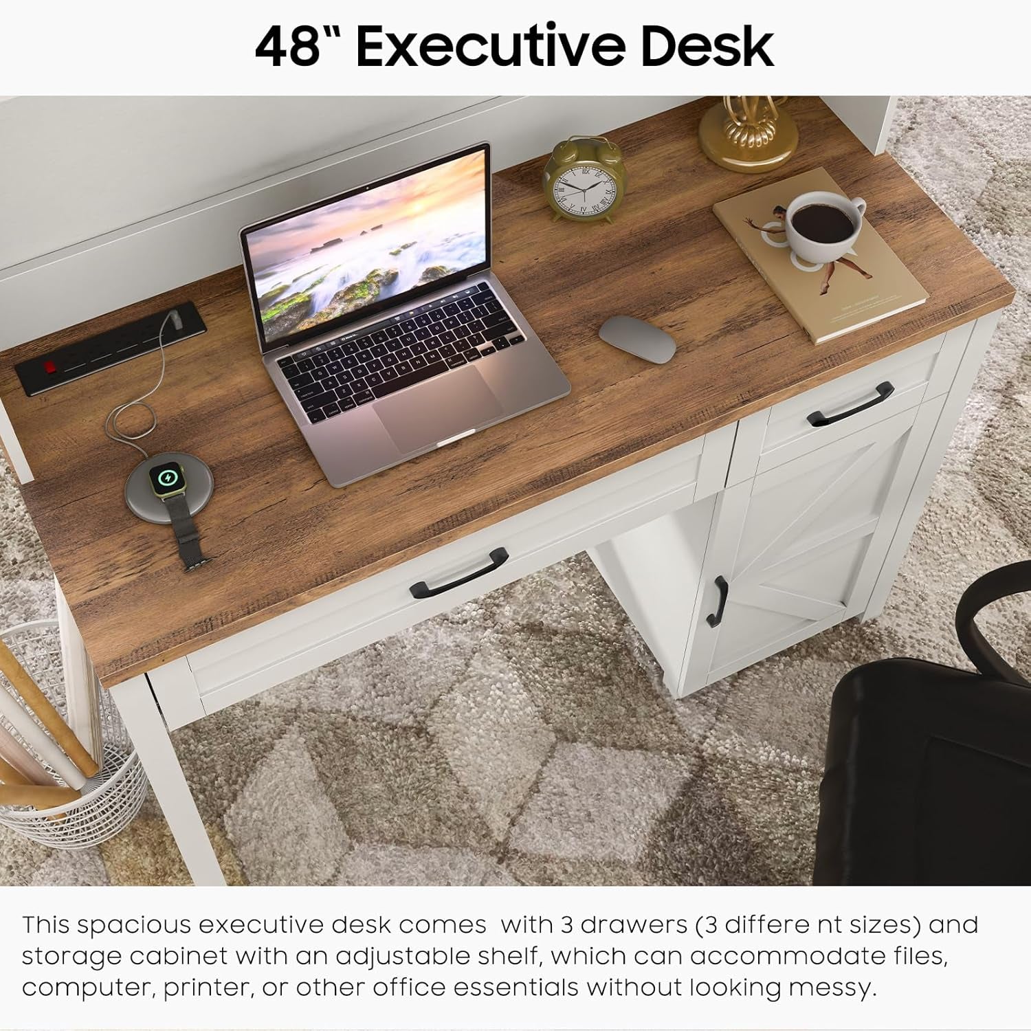 Farmhouse 47 Inch Executive Desk With Hutch And Storage