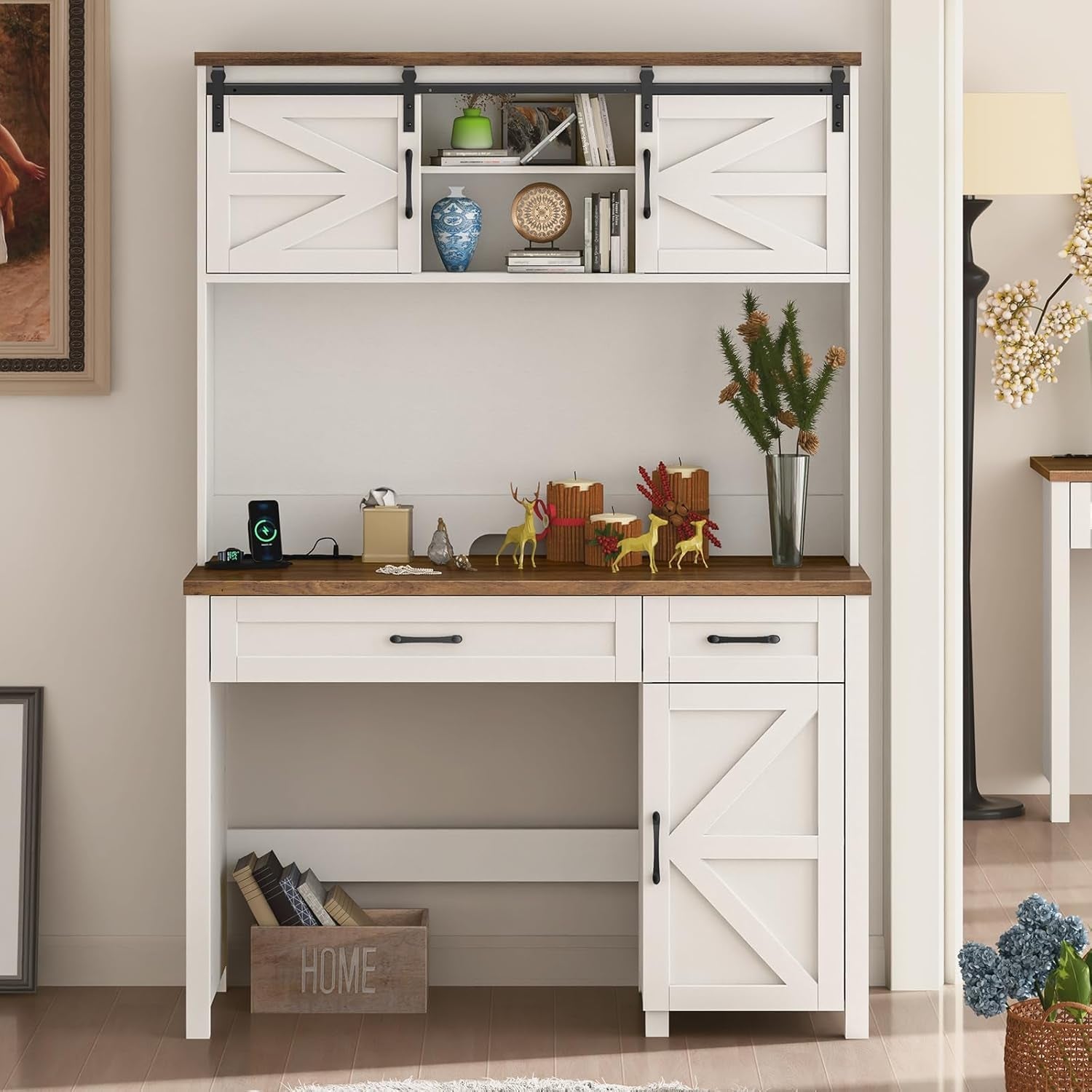 Farmhouse 47 Inch Executive Desk With Hutch And Storage