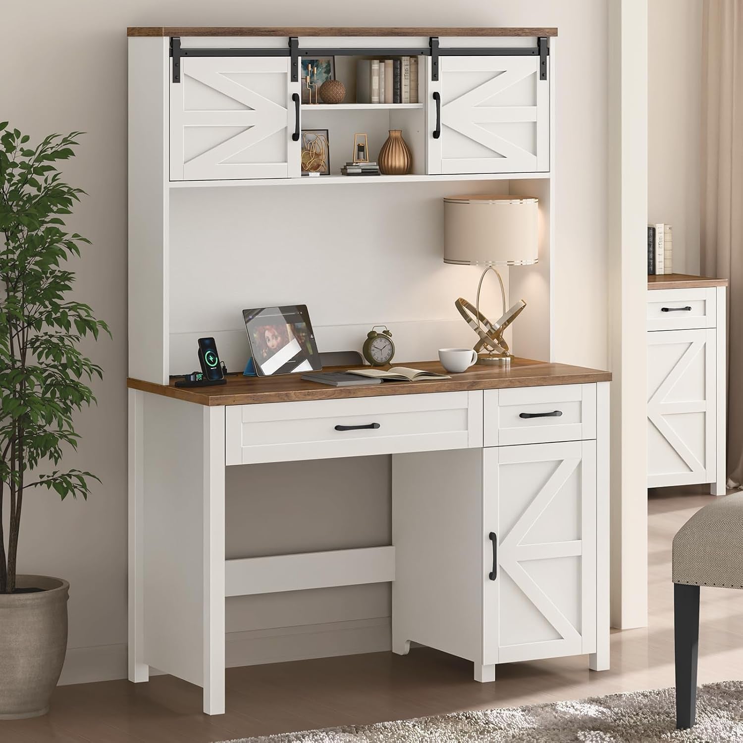 Farmhouse 47 Inch Executive Desk With Hutch And Storage