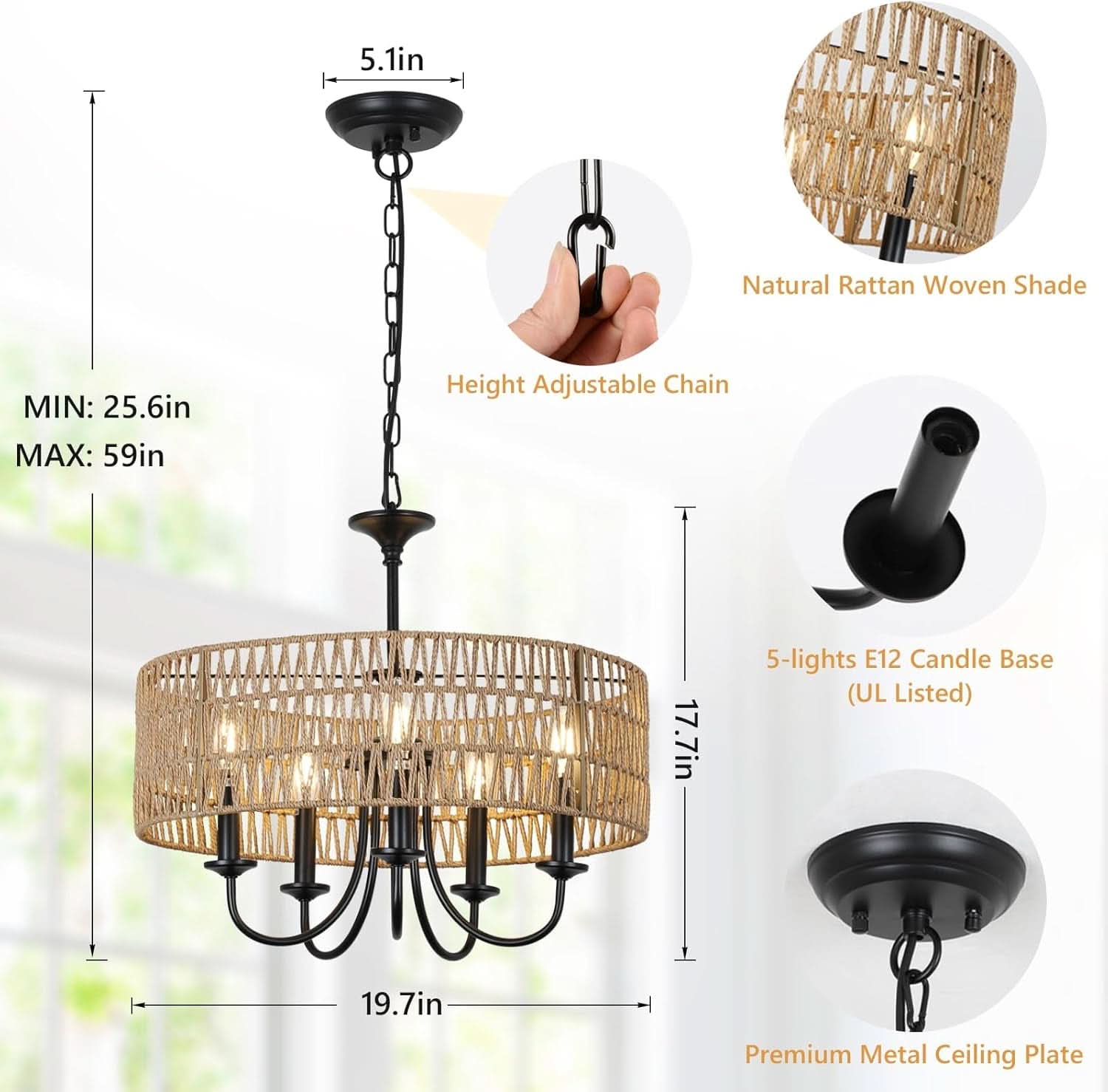 Farmhouse 5 Lights Black Chandelier With Rattan Shade