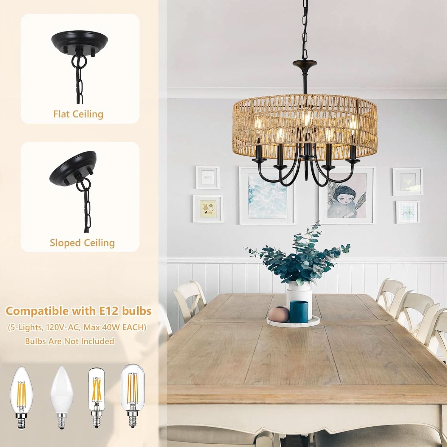 Farmhouse 5 Lights Black Chandelier With Rattan Shade