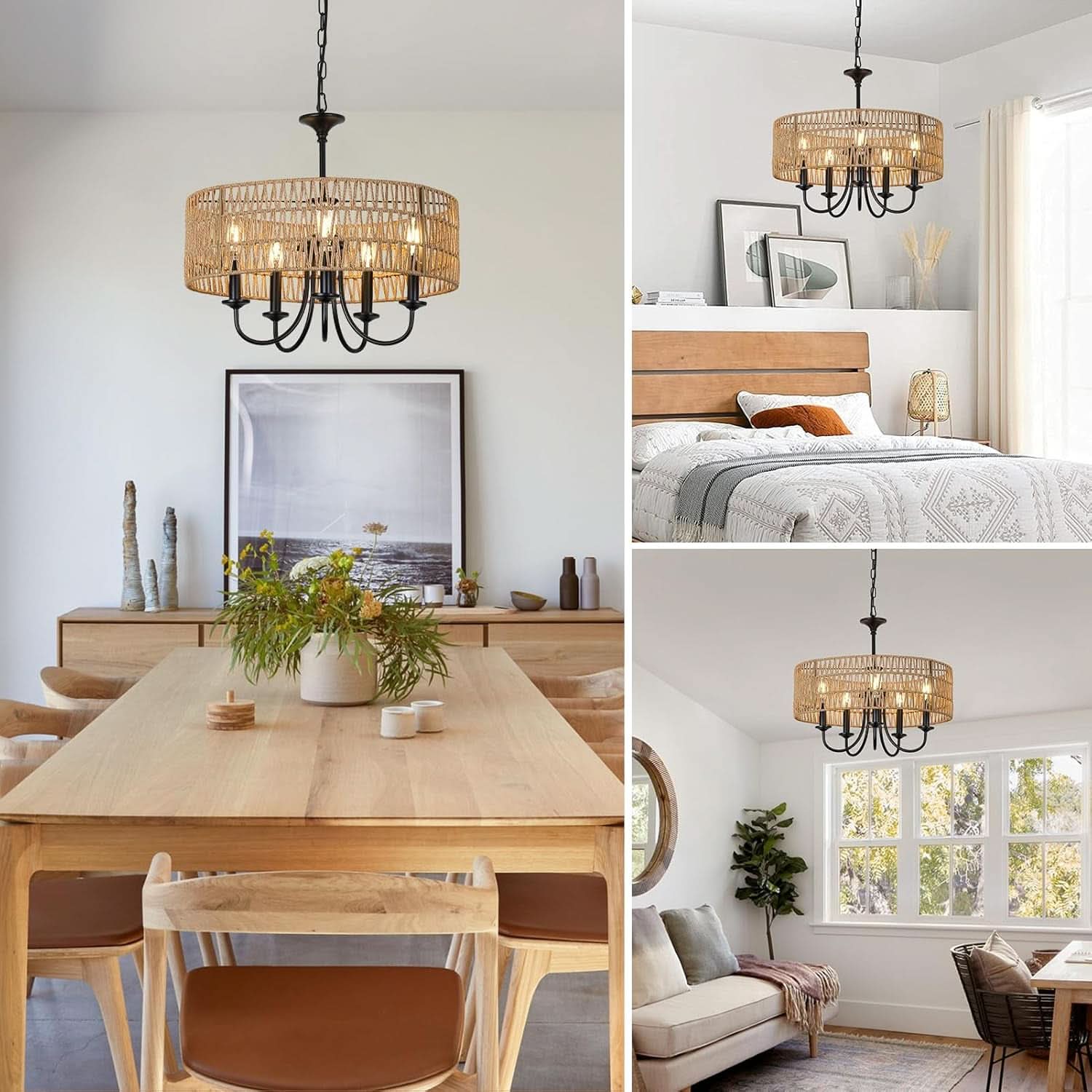 Farmhouse 5 Lights Black Chandelier With Rattan Shade