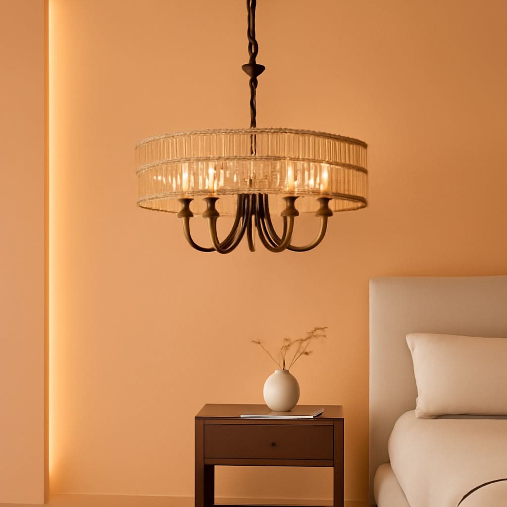 Farmhouse 5 Lights Black Chandelier With Rattan Shade