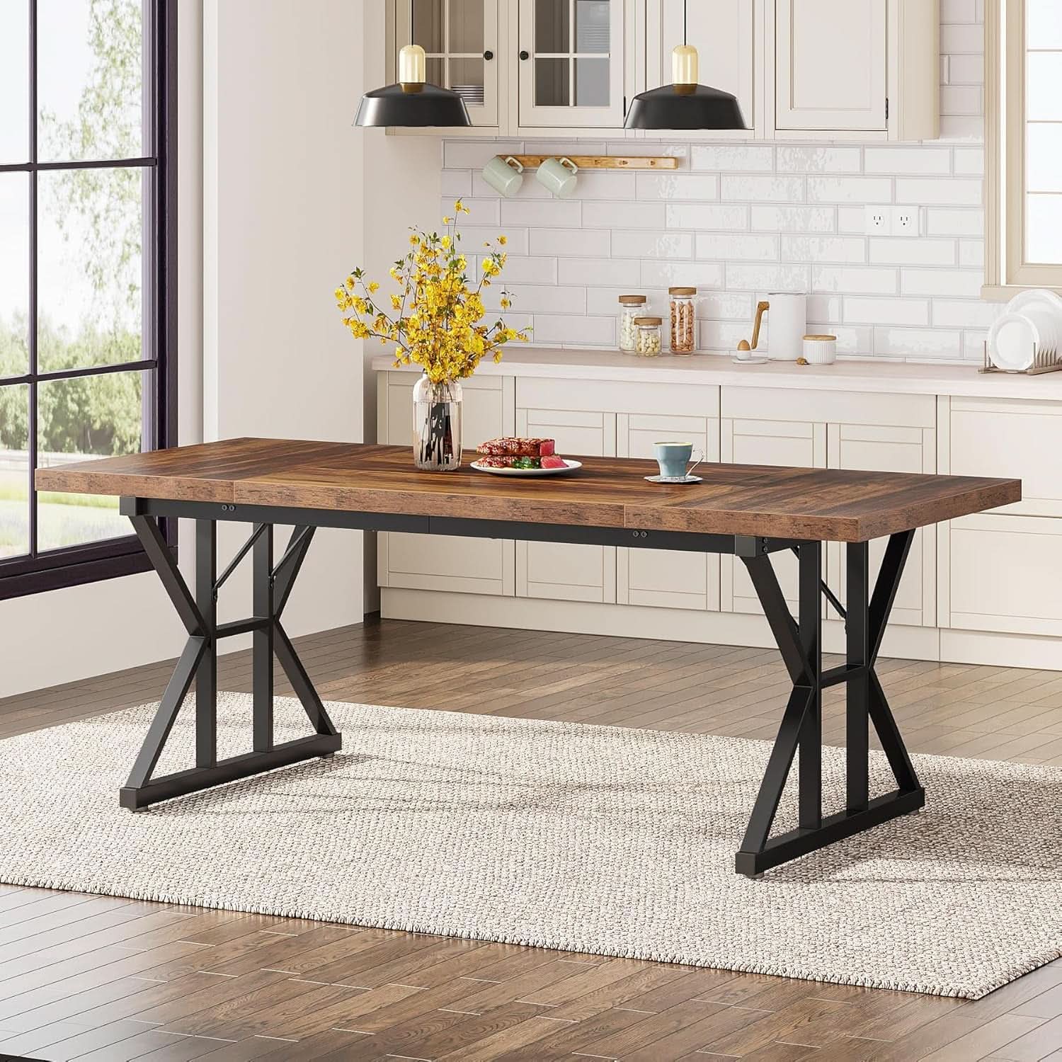Farmhouse 70.8 Inch Wood Dining Table With Metal Legs