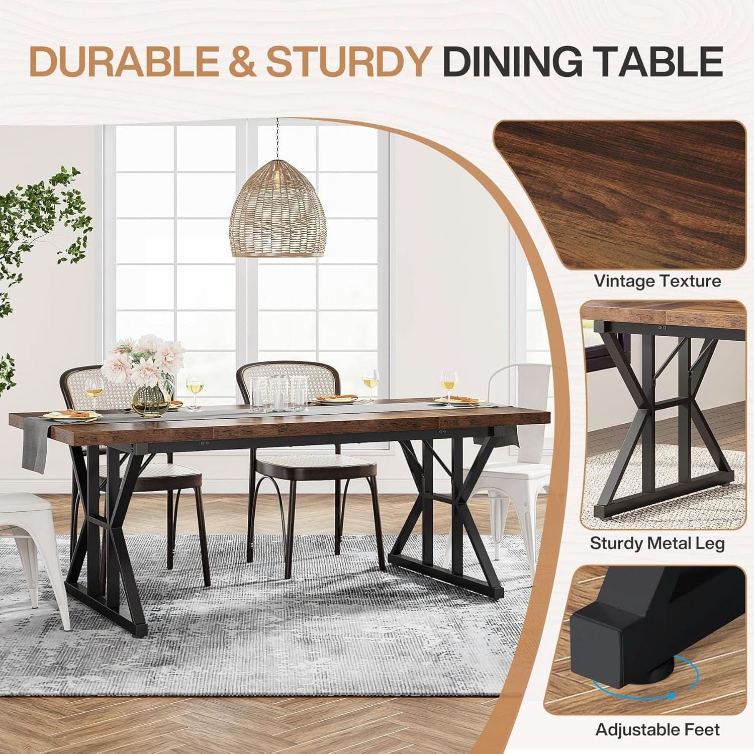 Farmhouse 70.8 Inch Wood Dining Table With Metal Legs