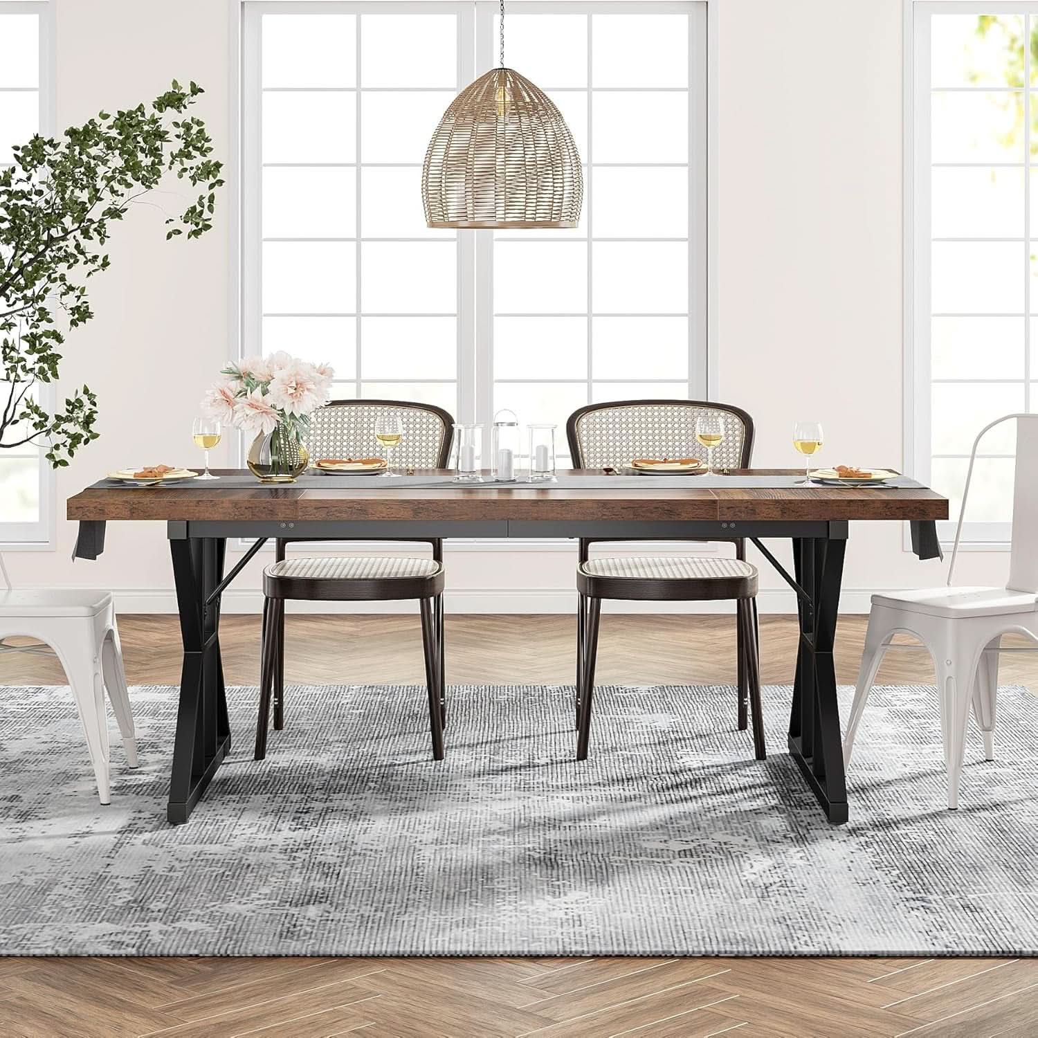 Farmhouse 70.8 Inch Wood Dining Table With Metal Legs