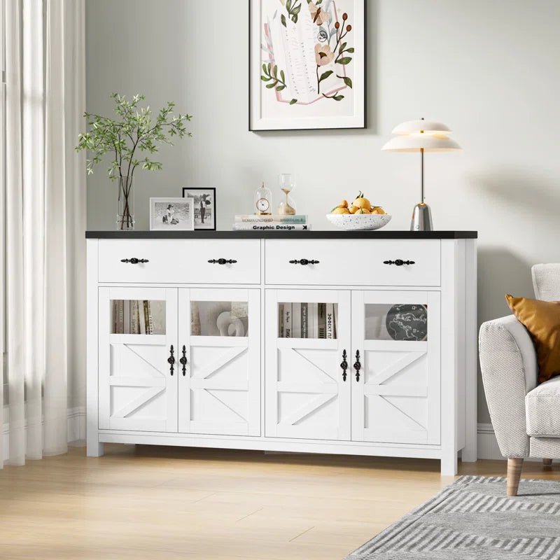 Farmhouse Accent Cabinet With Glass Panels X Shaped Doors