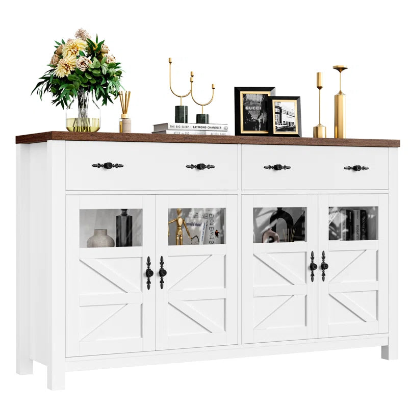 Farmhouse Accent Cabinet With Glass Panels X Shaped Doors