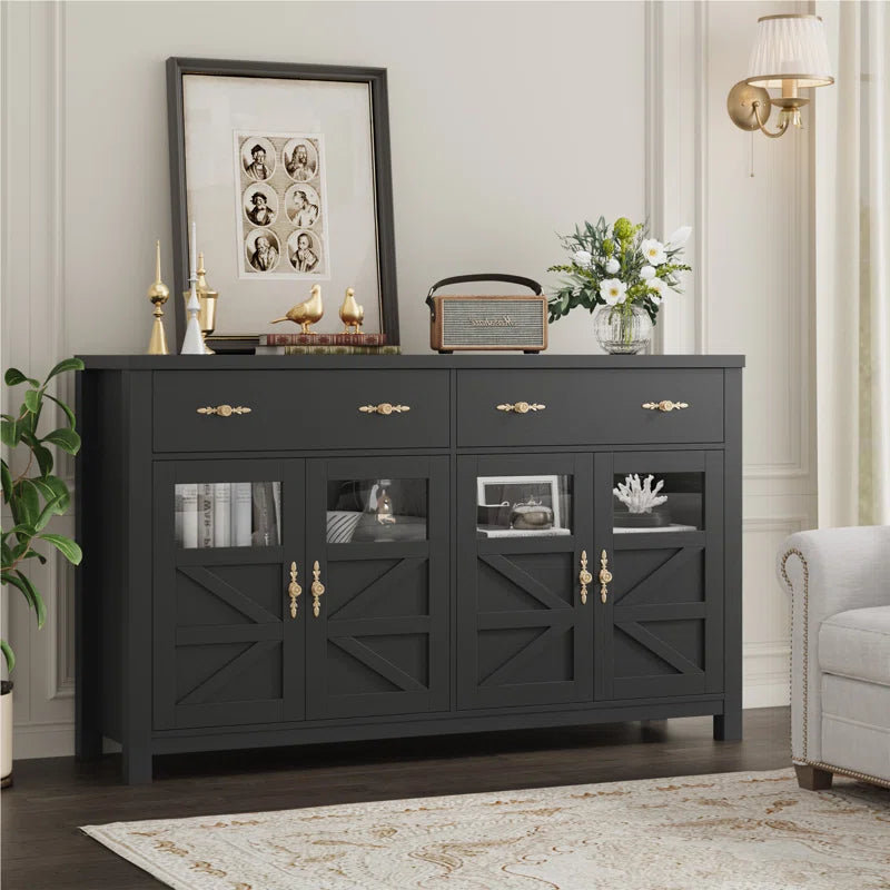 Farmhouse Accent Cabinet With Glass Panels X Shaped Doors