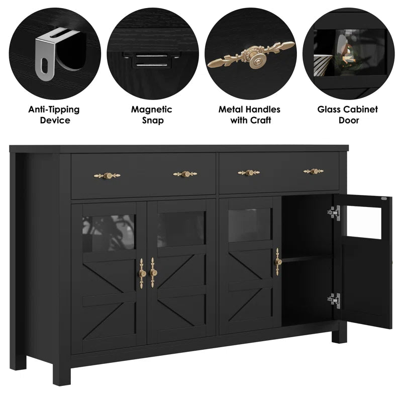 Farmhouse Accent Cabinet With Glass Panels X Shaped Doors