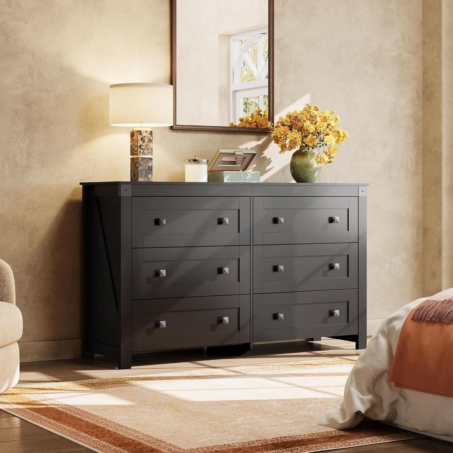 Farmhouse Black 6 Drawer Dresser 53InchWide Storage