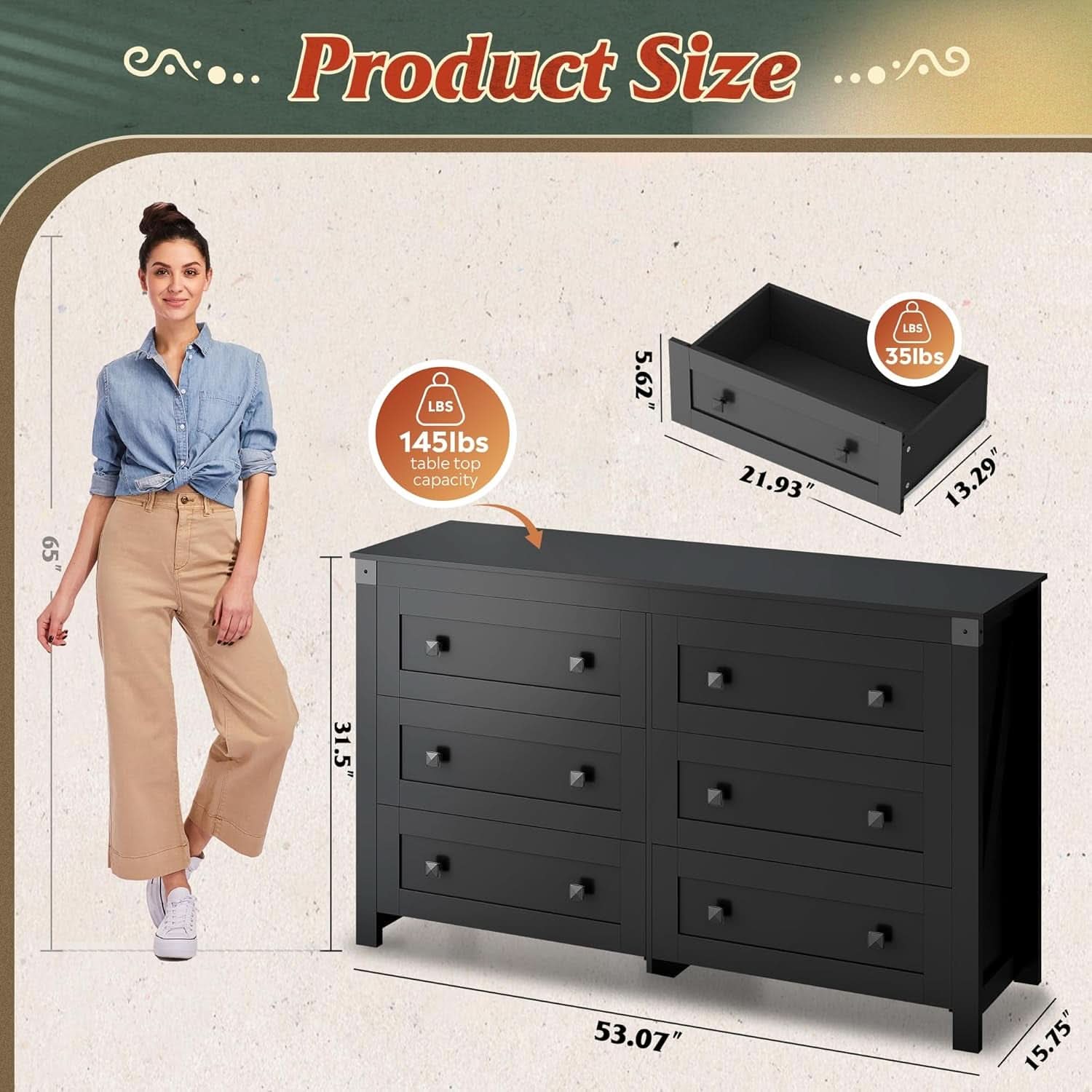 Farmhouse Black 6 Drawer Dresser 53InchWide Storage