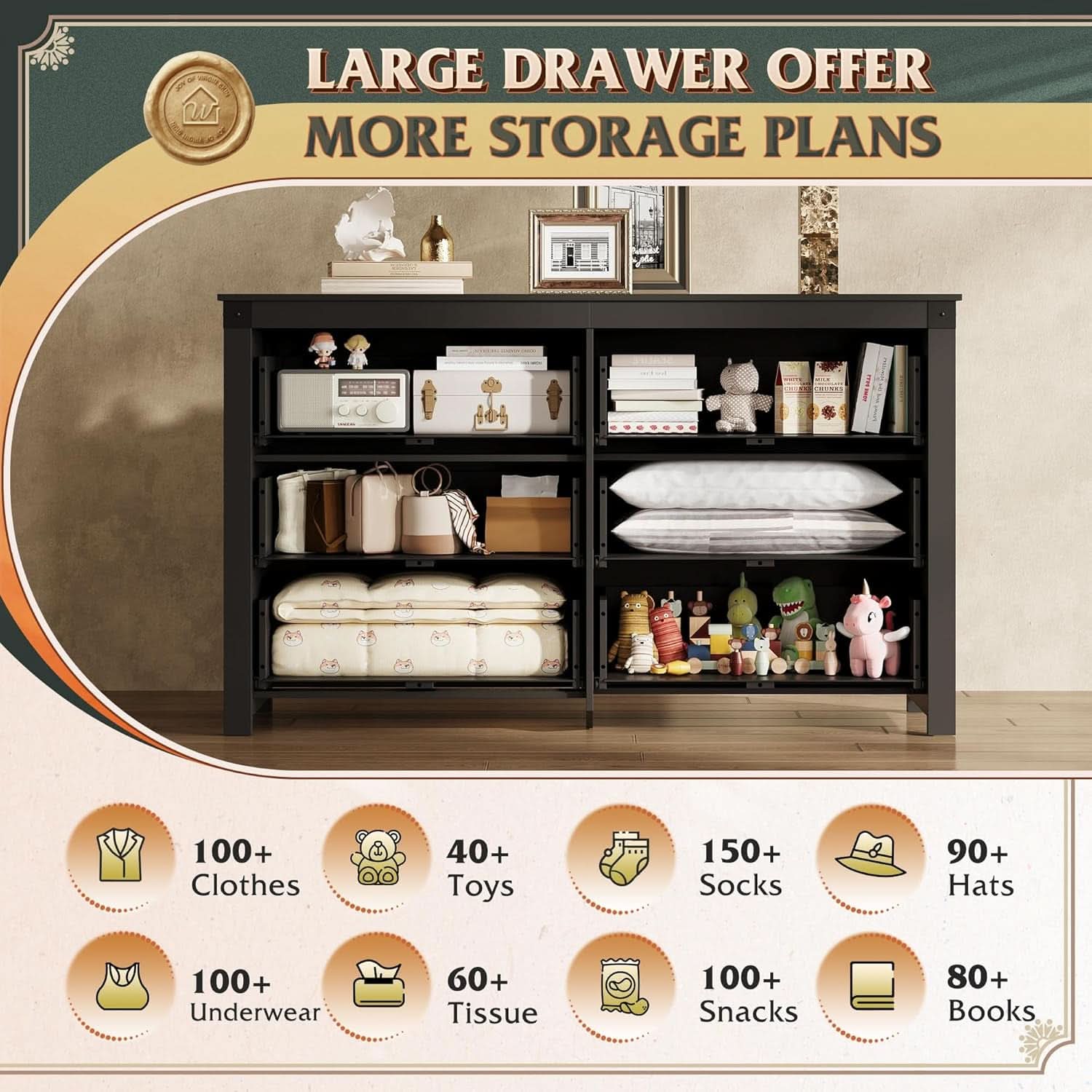Farmhouse Black 6 Drawer Dresser 53InchWide Storage