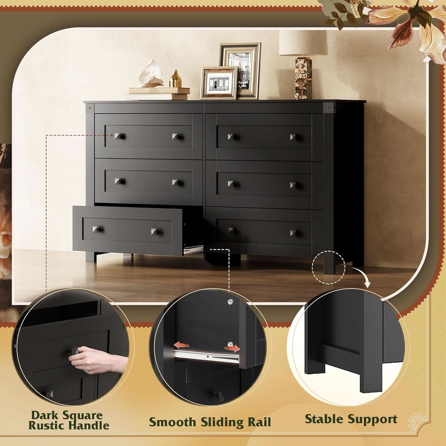 Farmhouse Black 6 Drawer Dresser 53InchWide Storage
