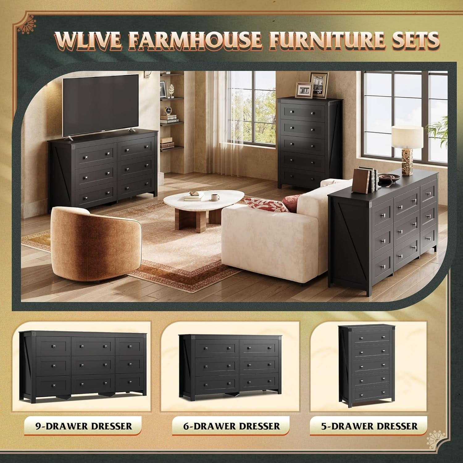 Farmhouse Black 6 Drawer Dresser 53InchWide Storage