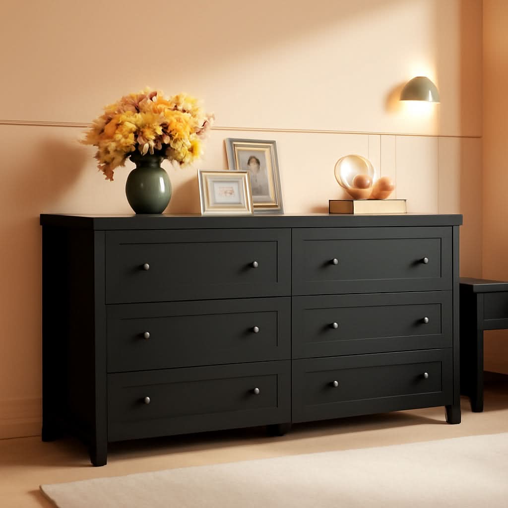 Farmhouse Black 6 Drawer Dresser 53InchWide Storage