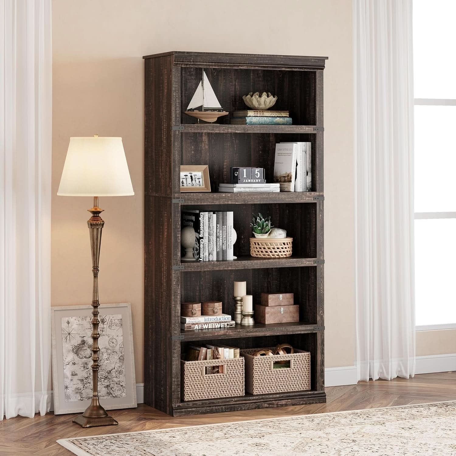 Farmhouse Cherry Bookcase 71 Inch Tall Sturdy Open Shelving