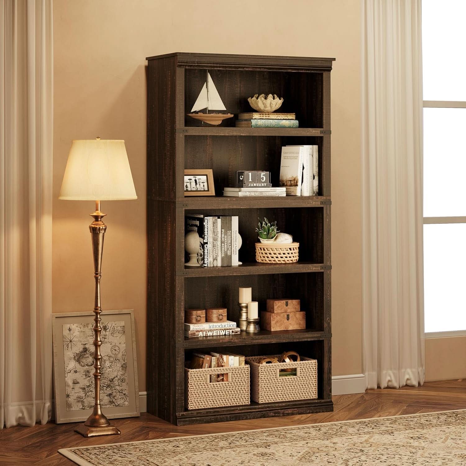 Farmhouse Cherry Bookcase 71 Inch Tall Sturdy Open Shelving