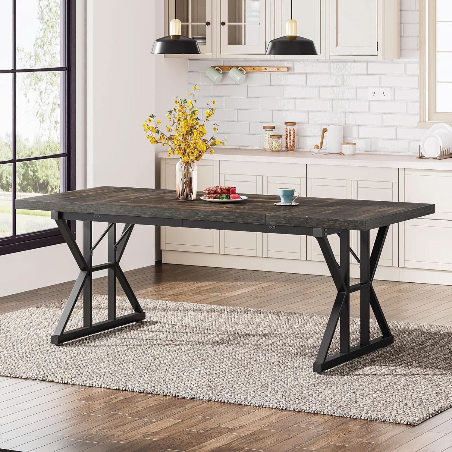 Farmhouse Dining Table 70.8 Inch Heavy Duty Metal Legs