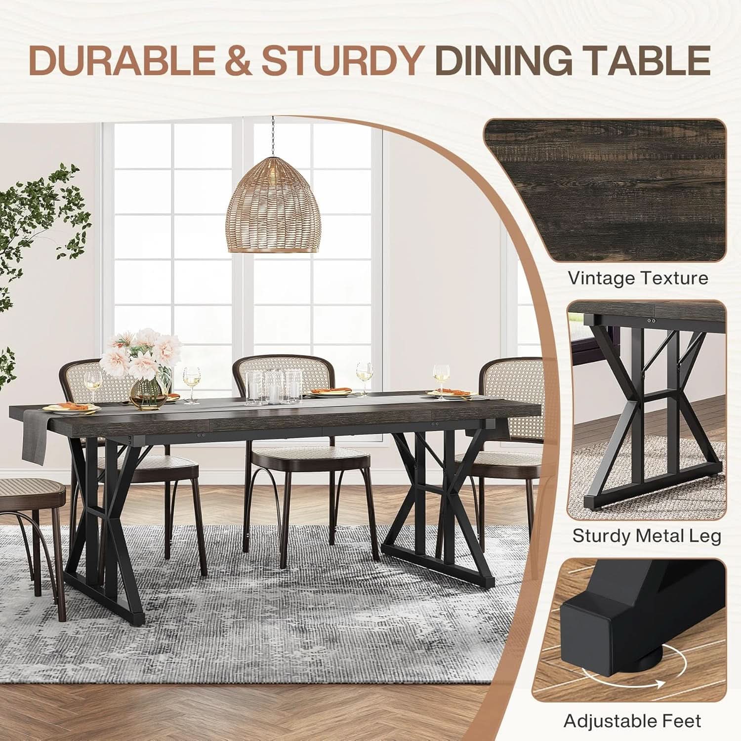 Farmhouse Dining Table 70.8 Inch Heavy Duty Metal Legs