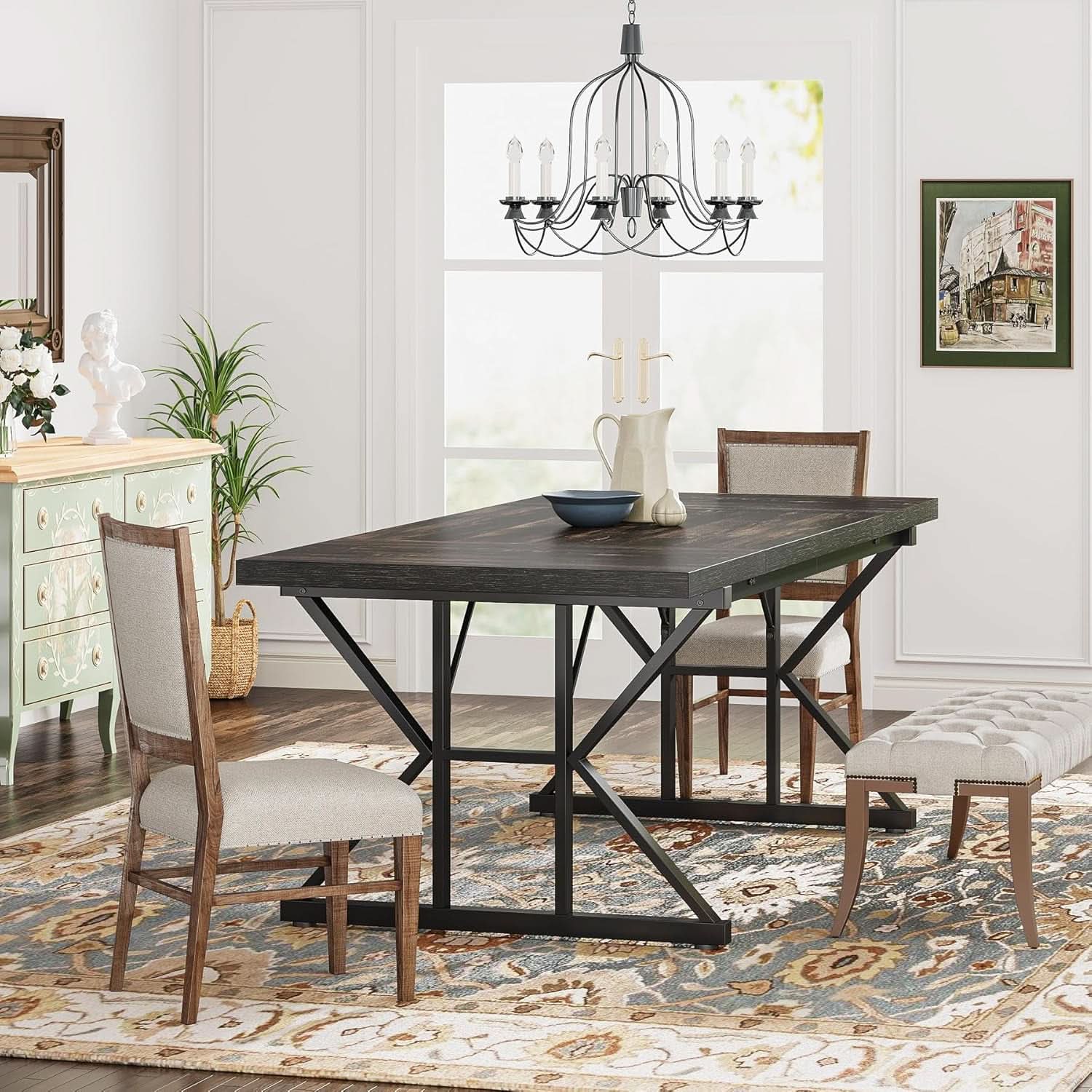 Farmhouse Dining Table 70.8 Inch Heavy Duty Metal Legs