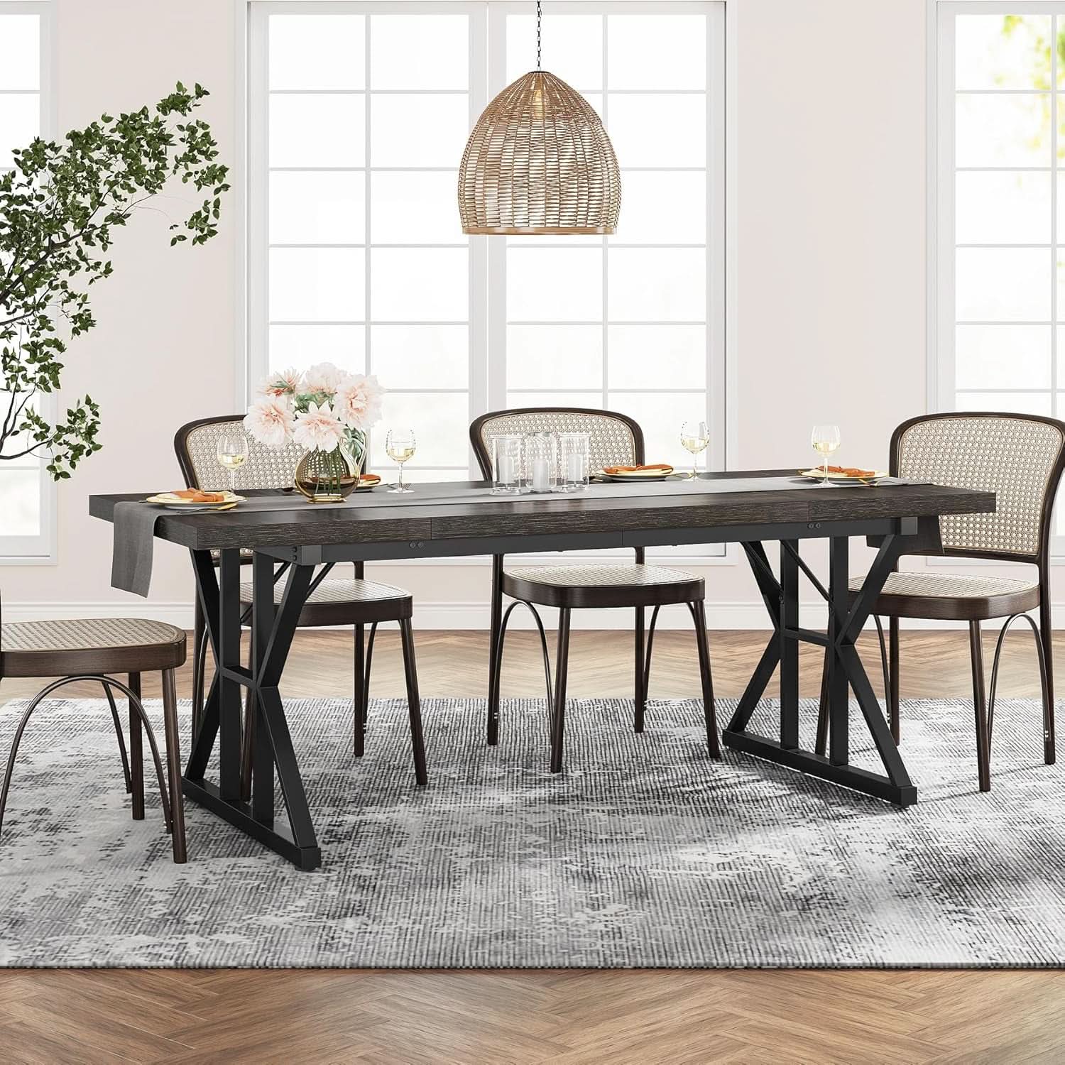 Farmhouse Dining Table 70.8 Inch Heavy Duty Metal Legs