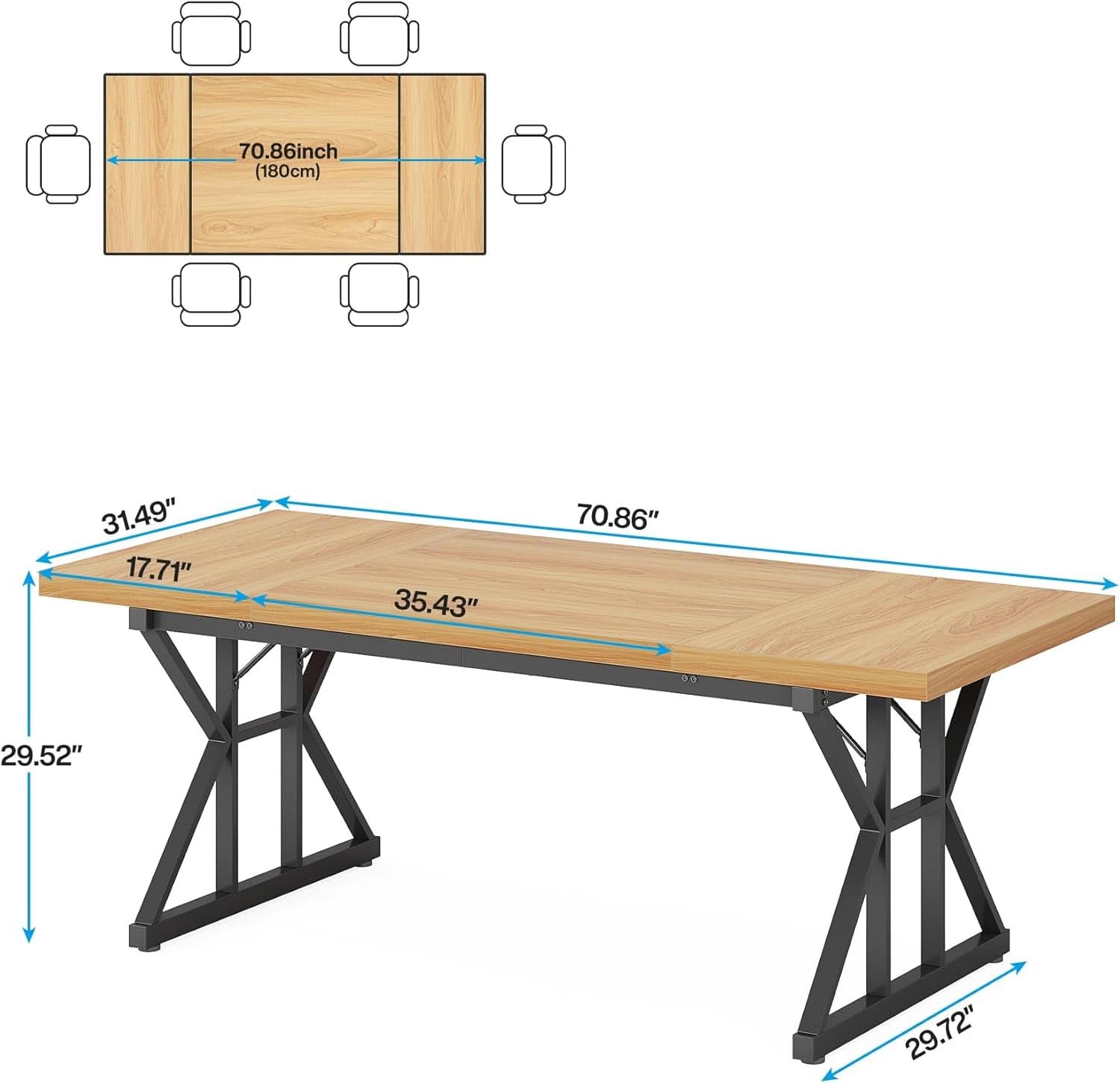Farmhouse Dining Table 70.8 Inch Wood With Metal Legs