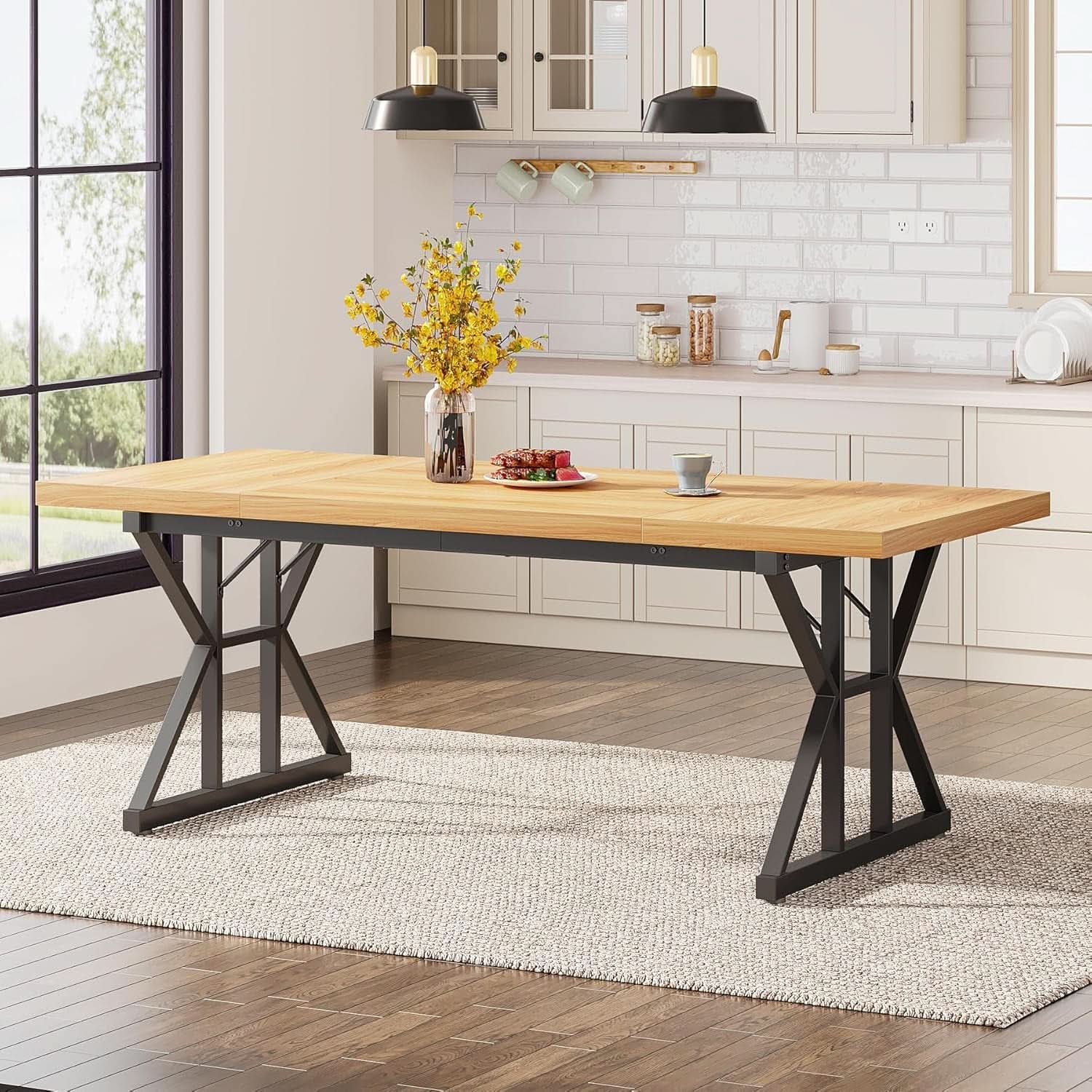 Farmhouse Dining Table 70.8 Inch Wood With Metal Legs
