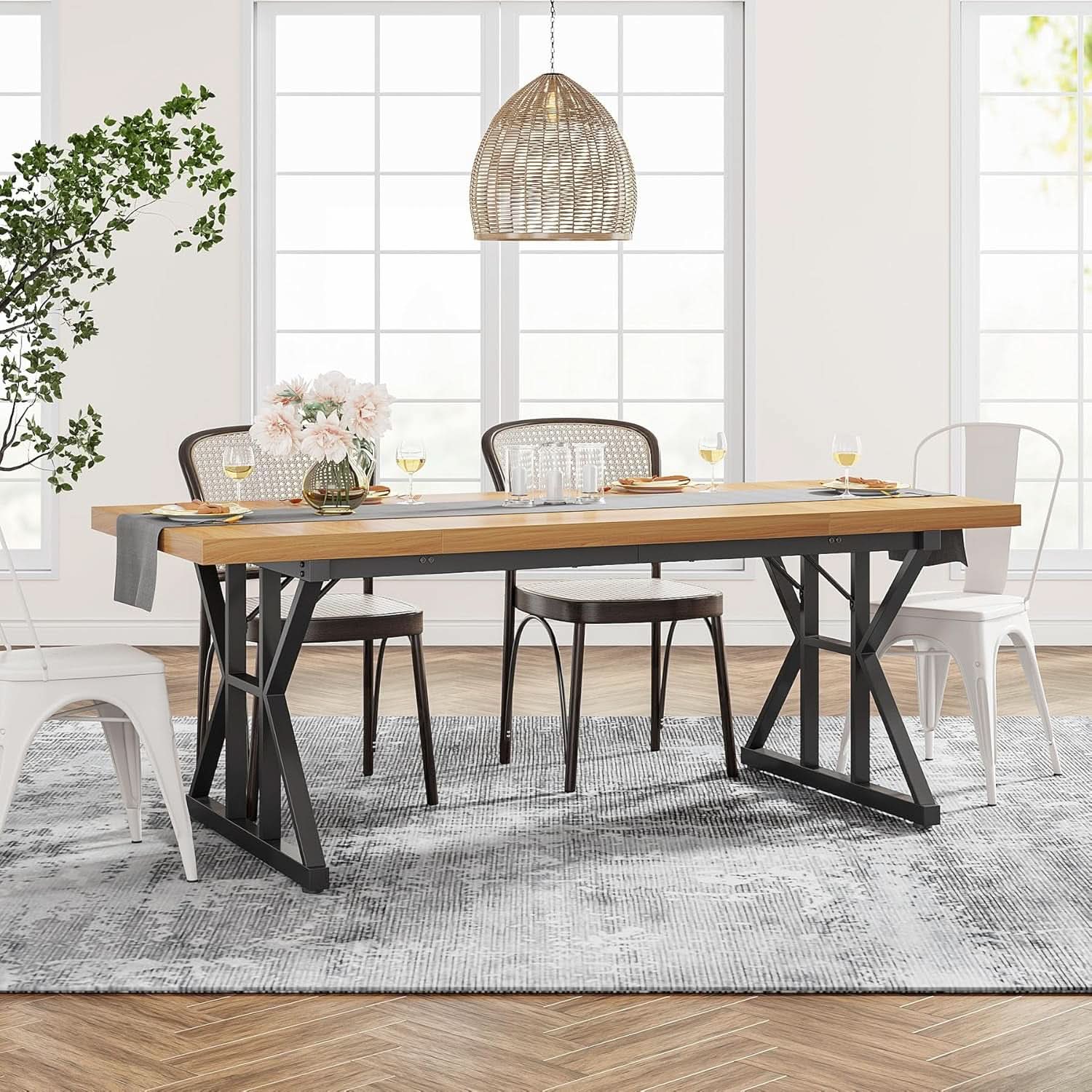 Farmhouse Dining Table 70.8 Inch Wood With Metal Legs