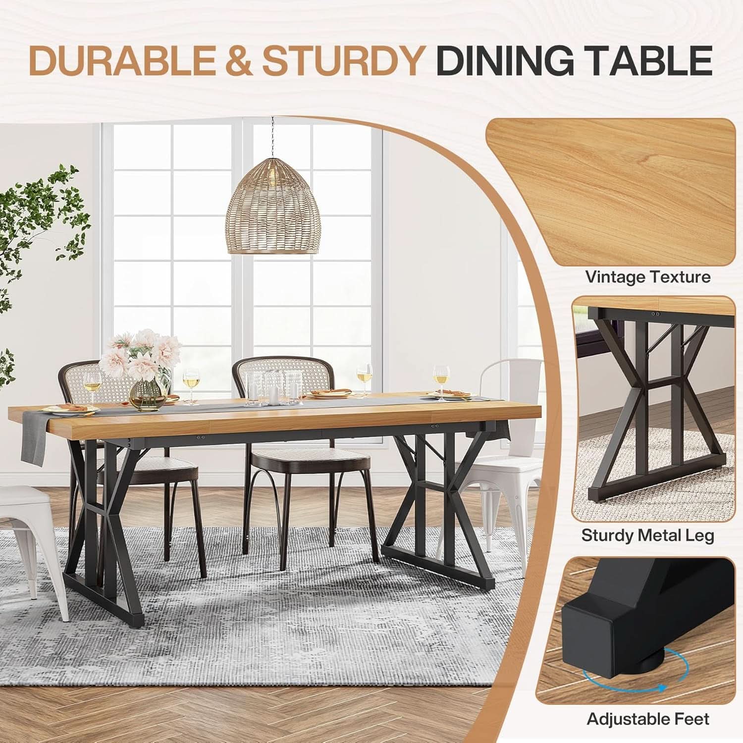 Farmhouse Dining Table 70.8 Inch Wood With Metal Legs