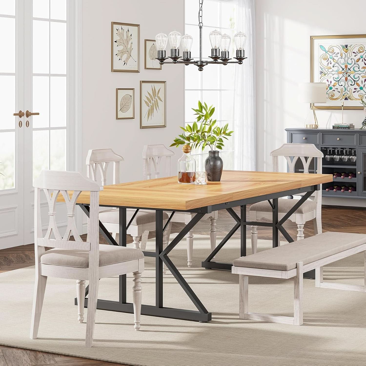 Farmhouse Dining Table 70.8 Inch Wood With Metal Legs