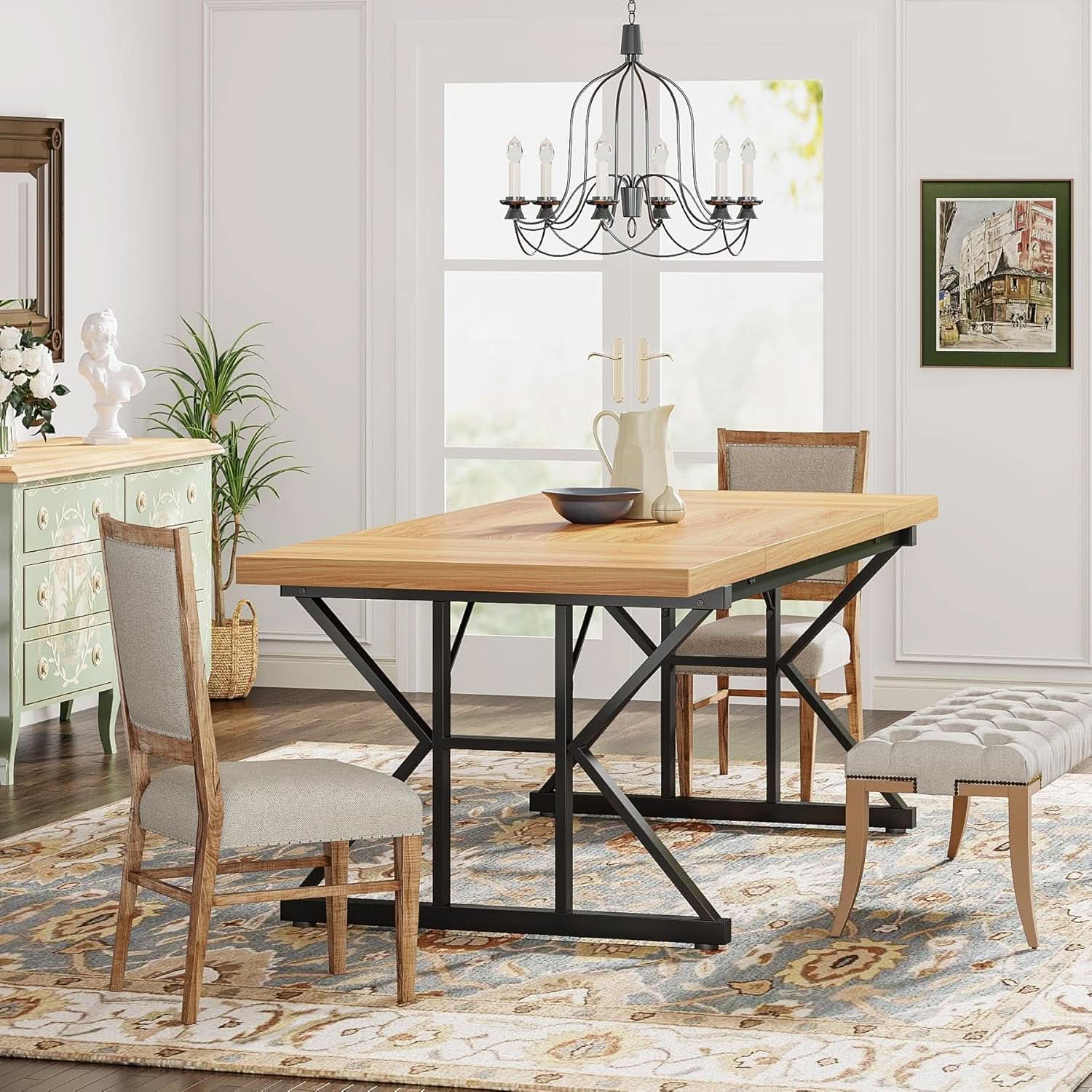Farmhouse Dining Table 70.8 Inch Wood With Metal Legs