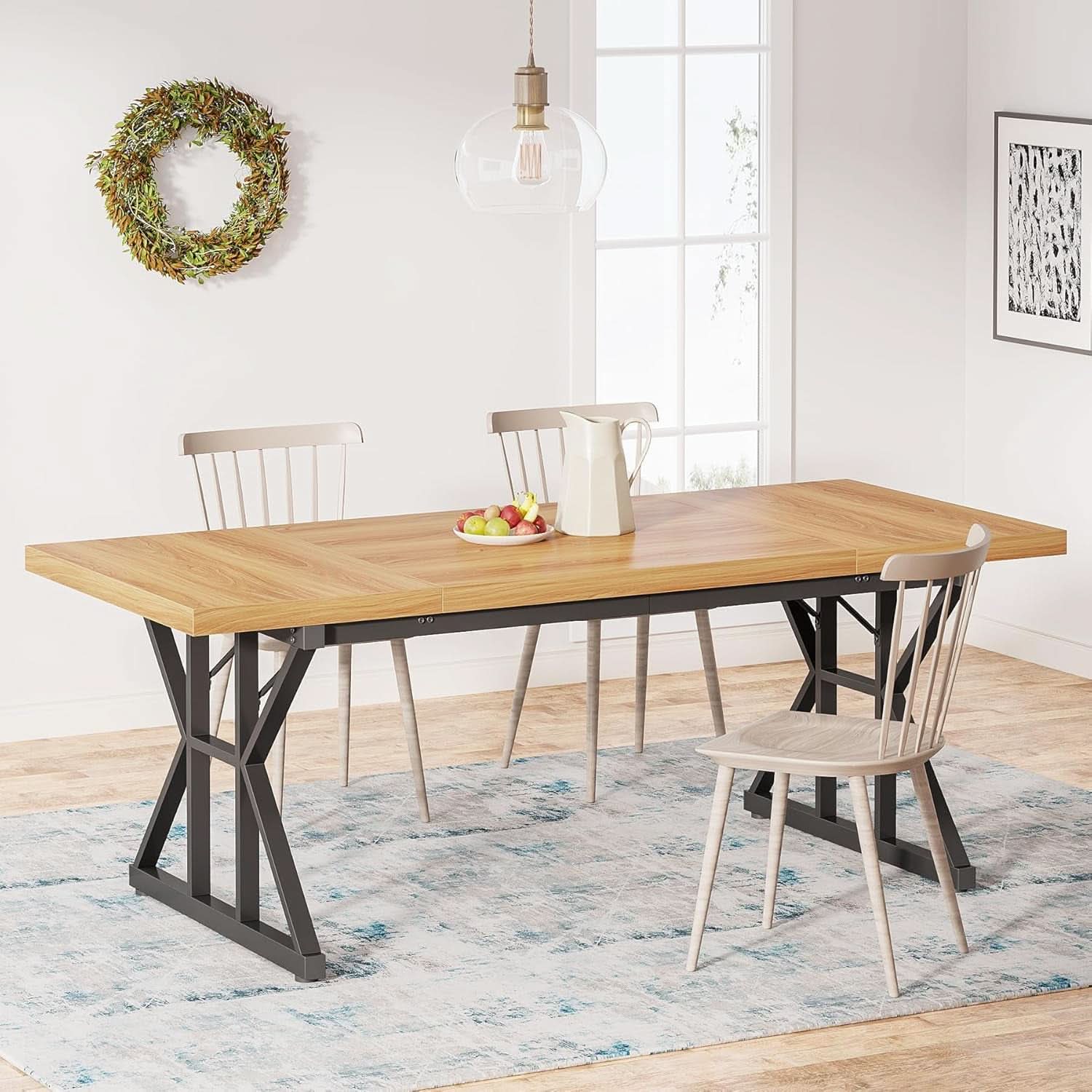 Farmhouse Dining Table 70.8 Inch Wood With Metal Legs