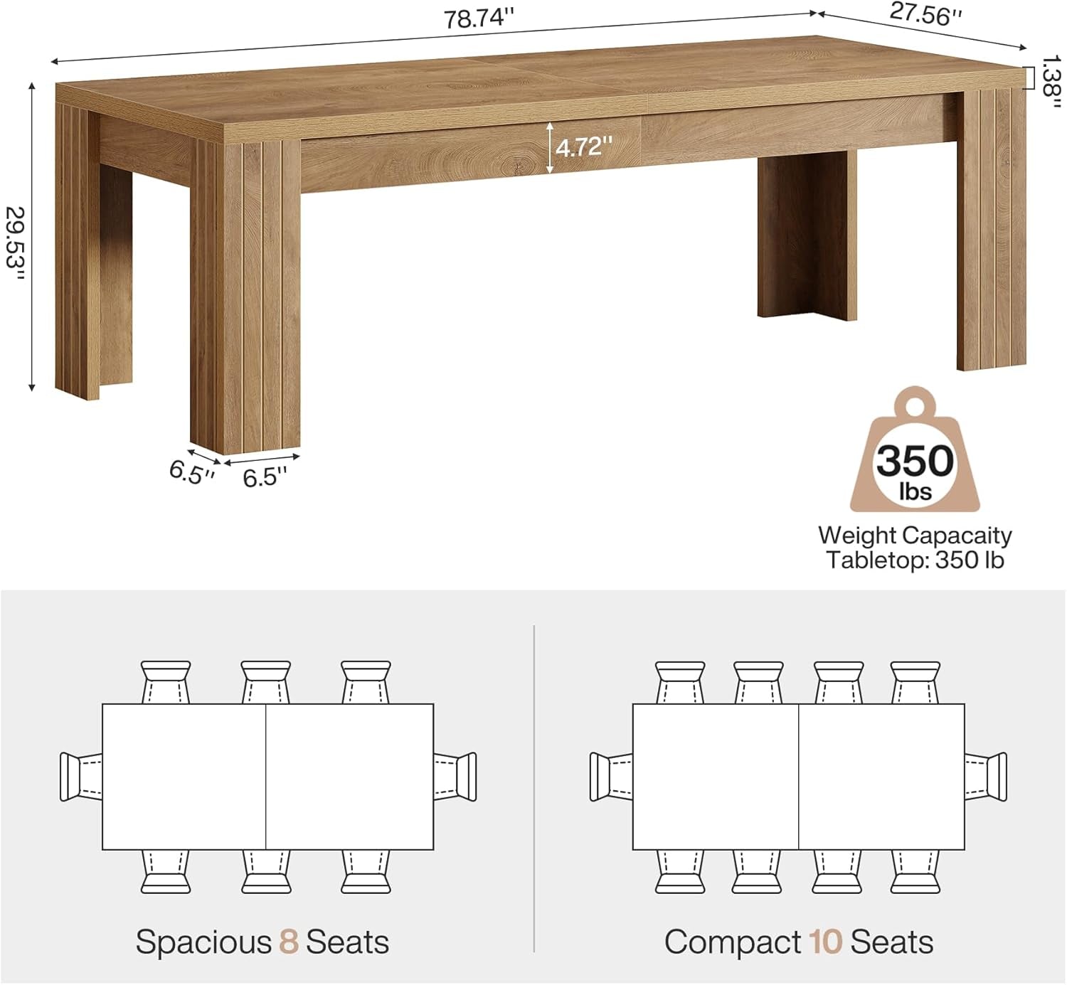 Farmhouse Dining Table 78.7 Inch Rustic Brown Seats 6 To 8