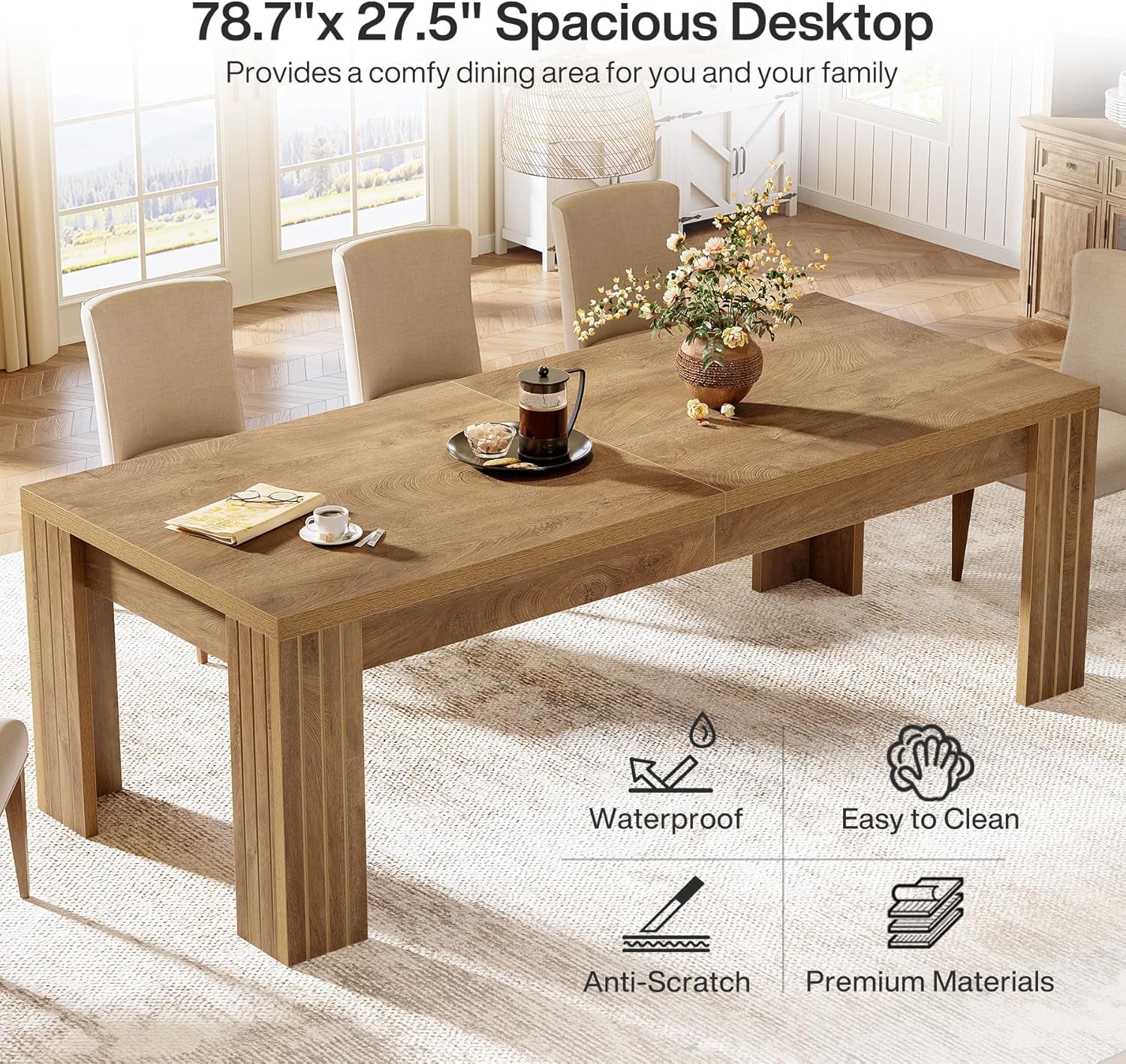Farmhouse Dining Table 78.7 Inch Rustic Brown Seats 6 To 8