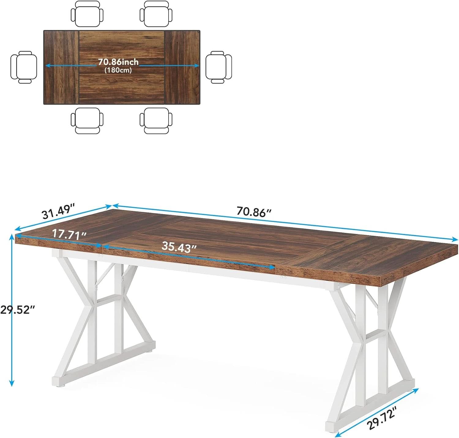 Farmhouse Dining Table For 6, 70.8 Inch Wood Table Two Tone