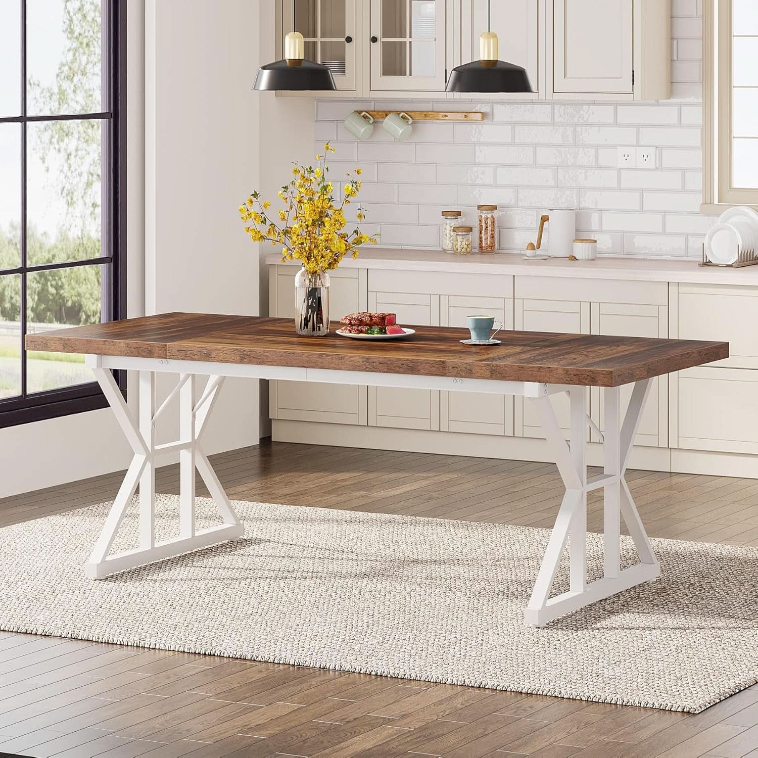 Farmhouse Dining Table For 6, 70.8 Inch Wood Table Two Tone