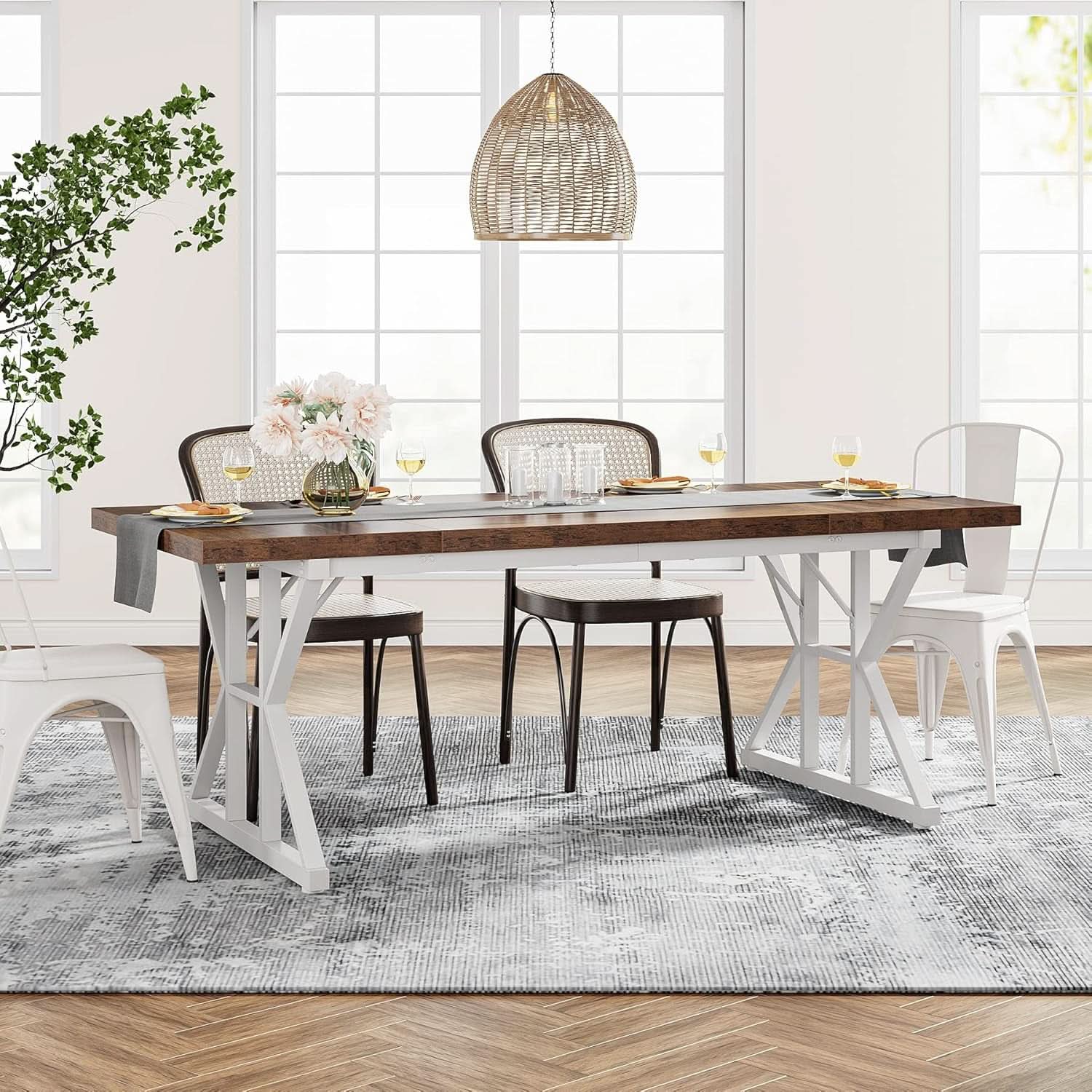 Farmhouse Dining Table For 6, 70.8 Inch Wood Table Two Tone