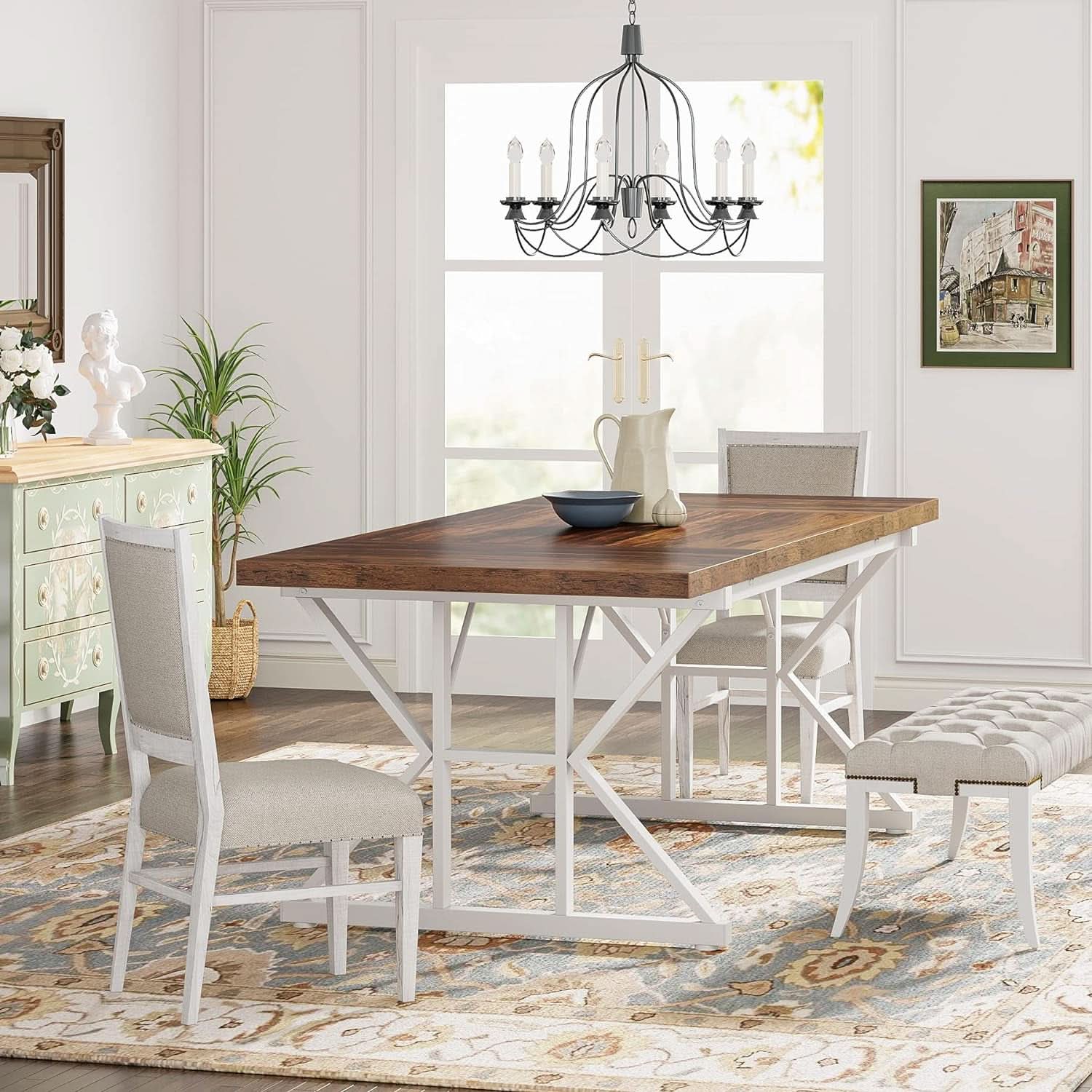 Farmhouse Dining Table For 6, 70.8 Inch Wood Table Two Tone
