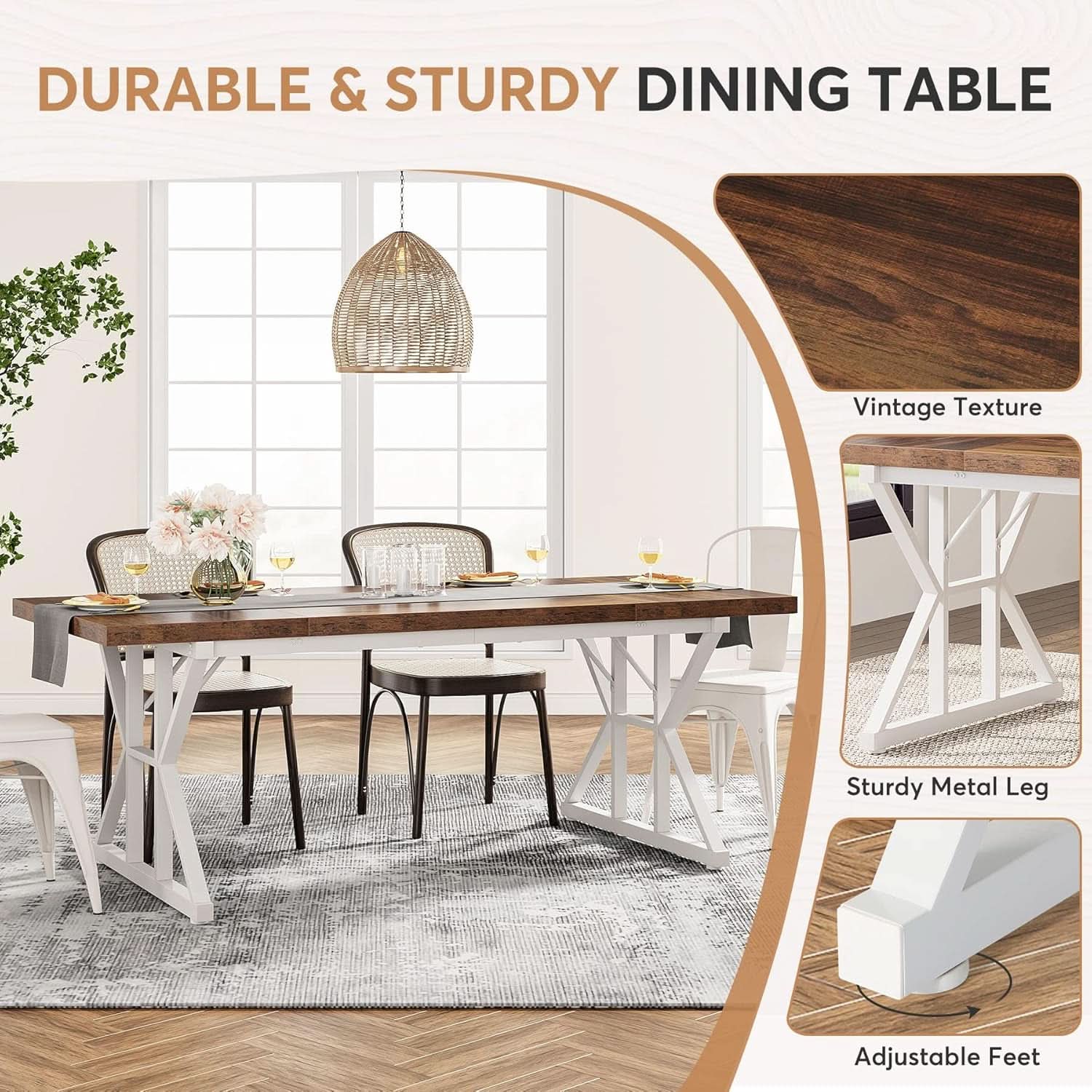 Farmhouse Dining Table For 6, 70.8 Inch Wood Table Two Tone