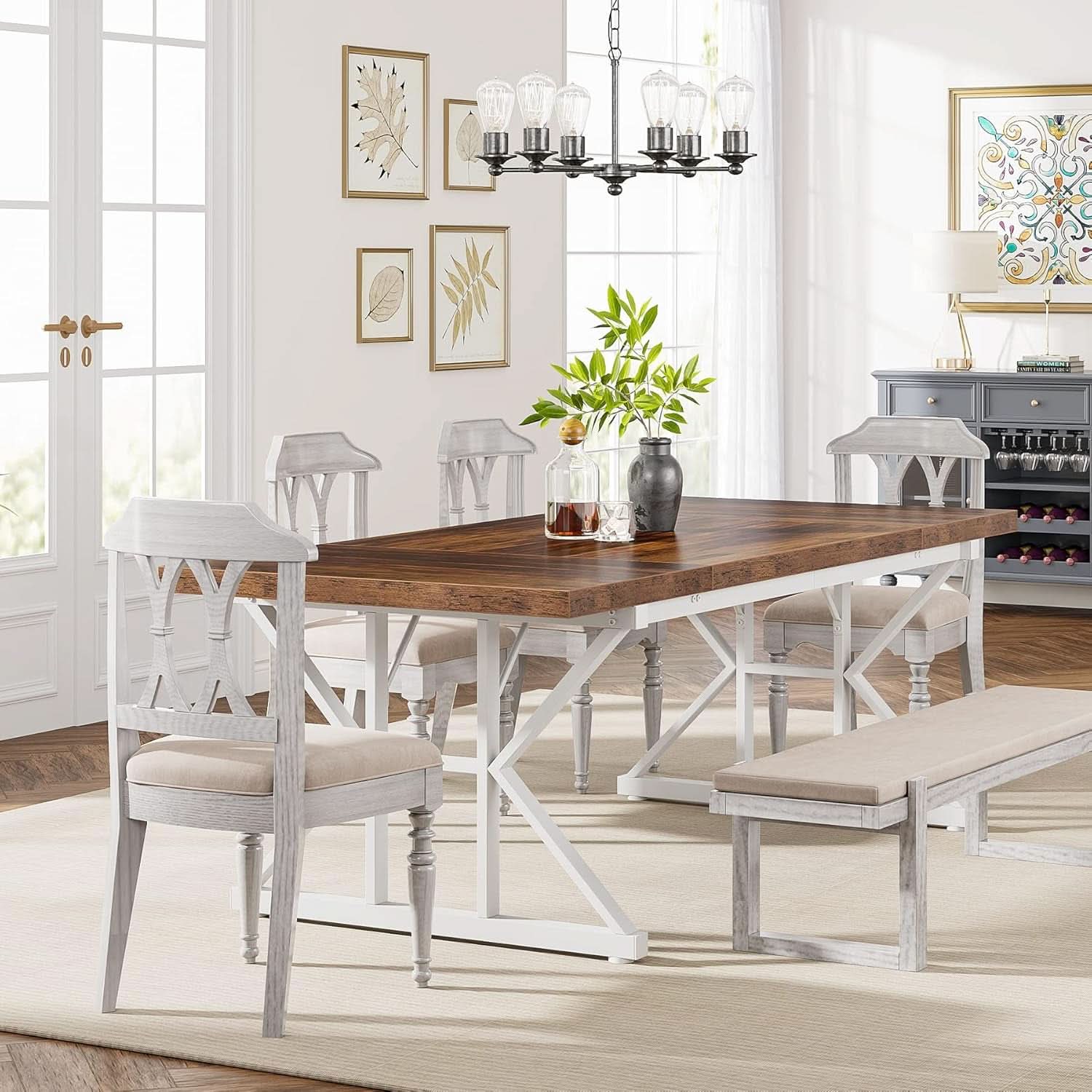 Farmhouse Dining Table For 6, 70.8 Inch Wood Table Two Tone