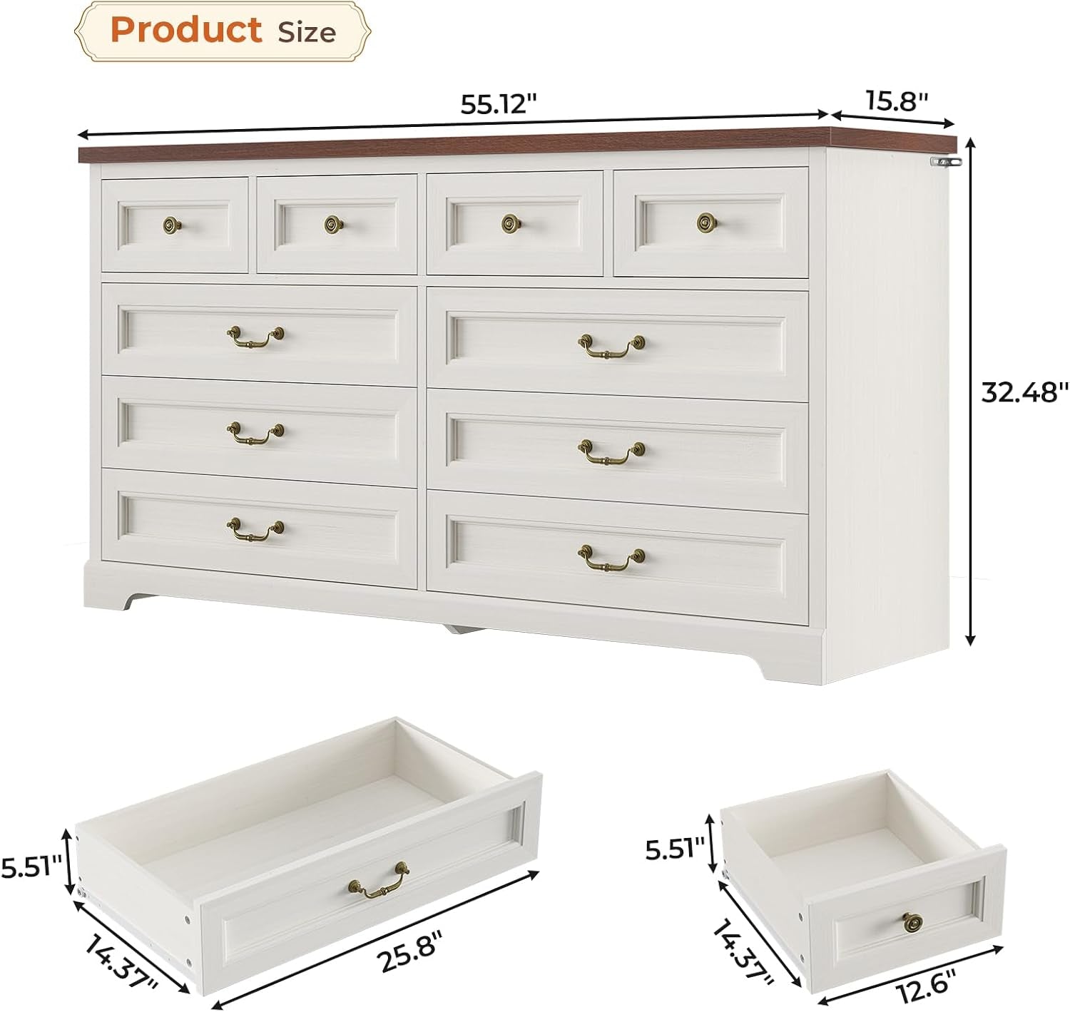 Farmhouse Dresser 55 Inch Wide White Bedroom Storage