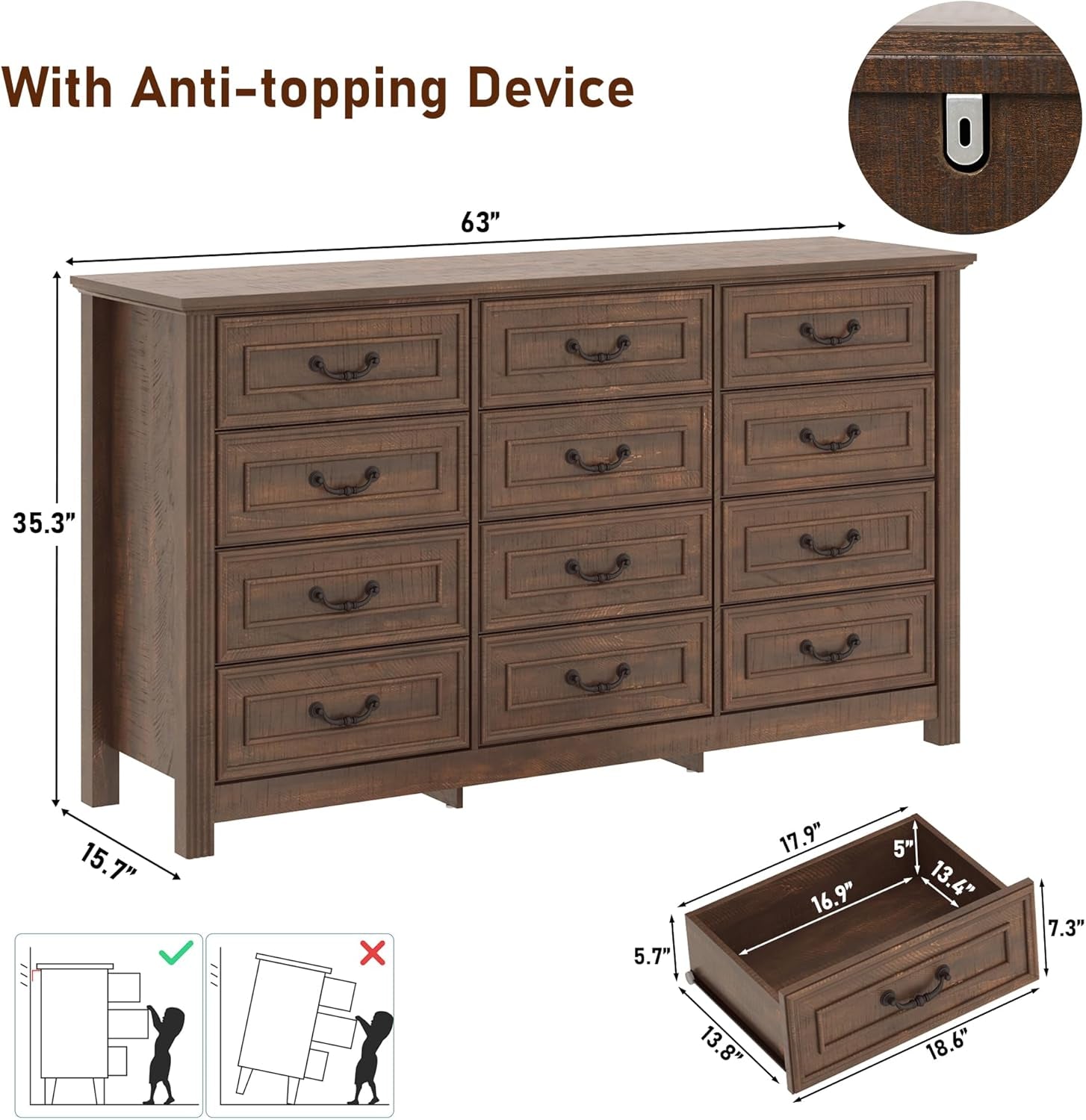 Farmhouse Dresser 63 Inch 12 Drawer Cabinet Wood Grain
